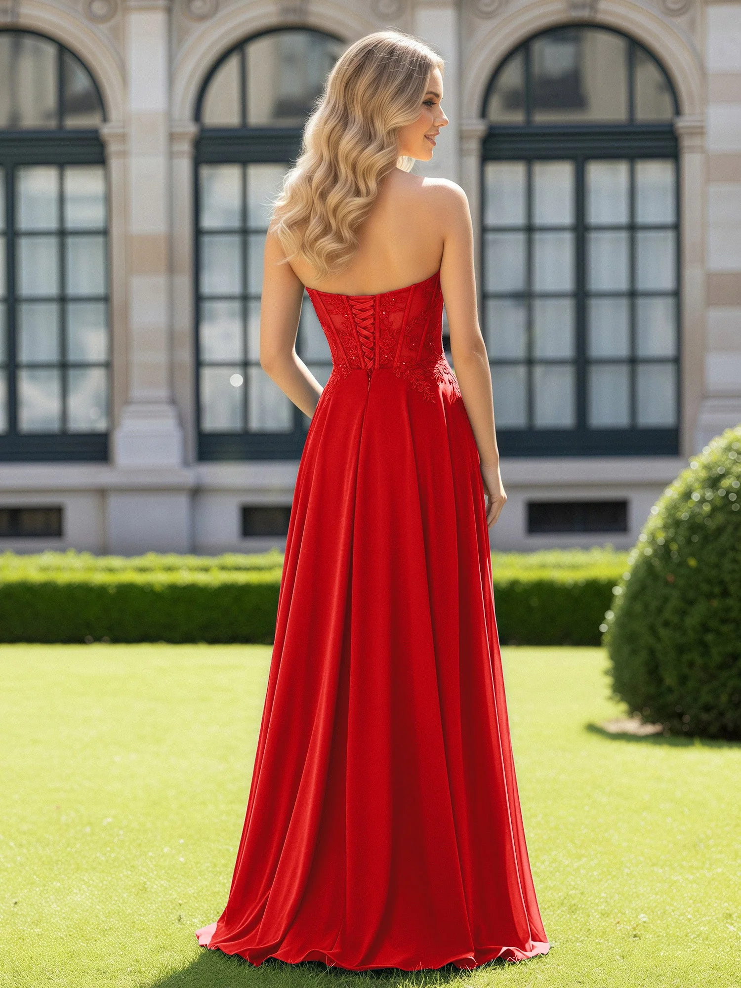 Plissee Herzform Applique Korsett Kleid mit Schlitz Rot - Image 2