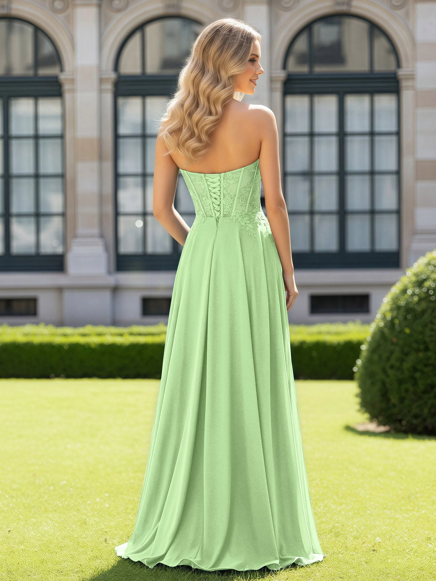 Plissee Herzform Applique Korsett Kleid mit Schlitz Salbei - Image 2