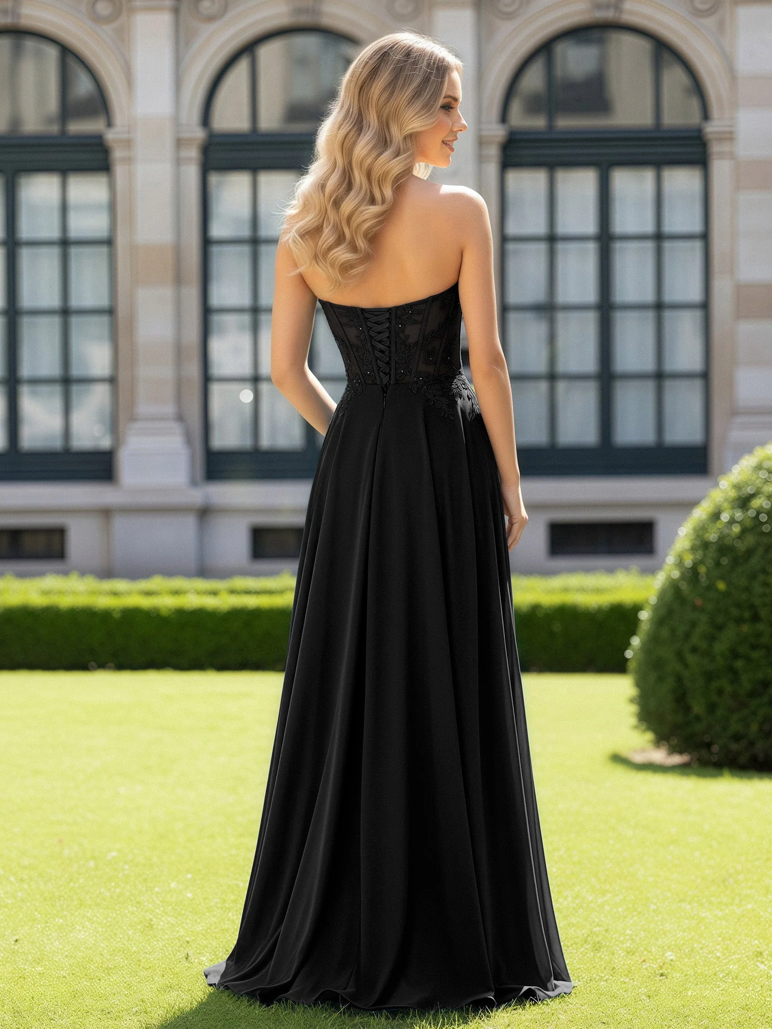 Plissee Herzform Applique Korsett Kleid mit Schlitz Schwarz - Image 2