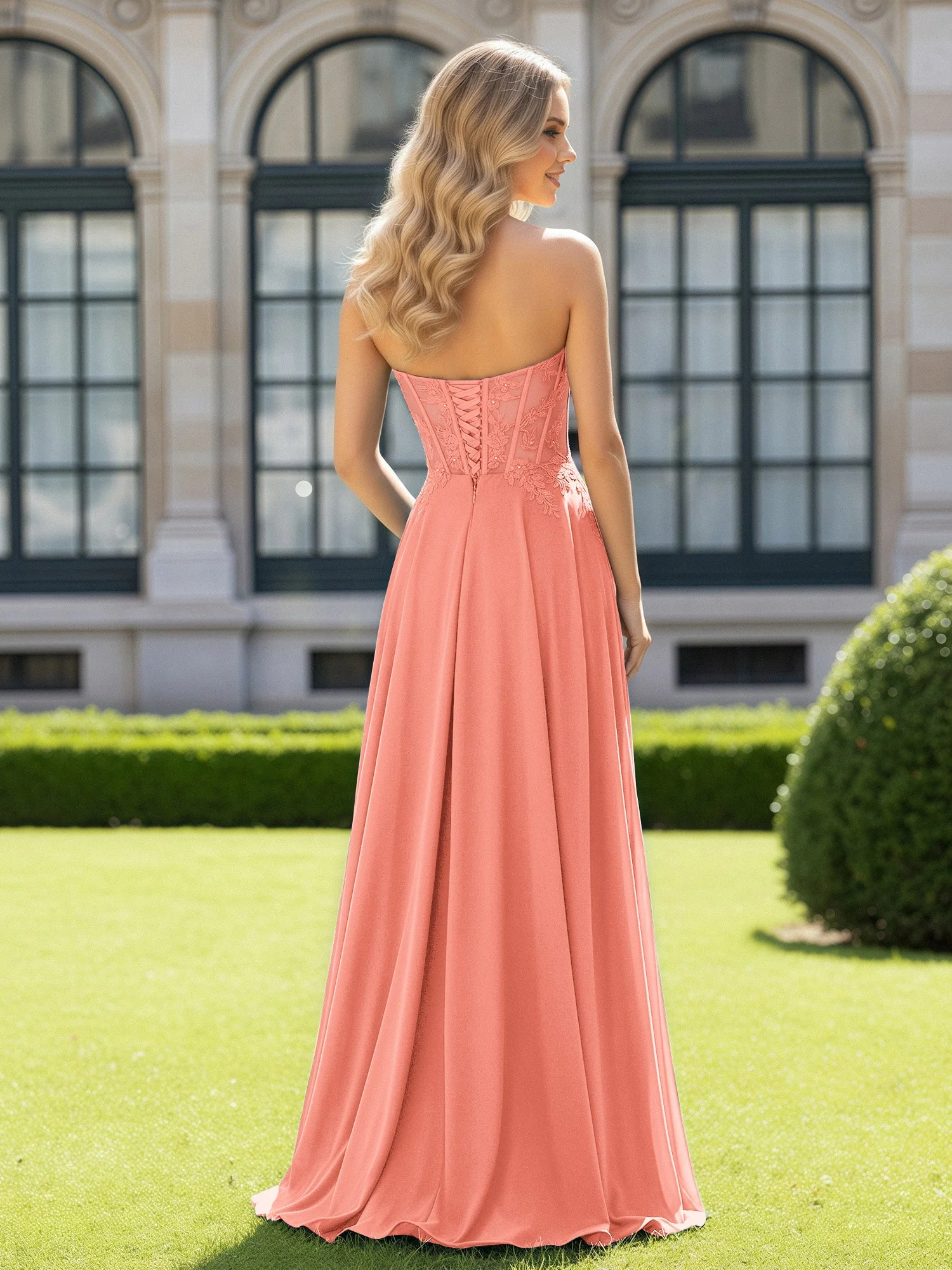Plissee Herzform Applique Korsett Kleid mit Schlitz Sonnenuntergang - Image 2