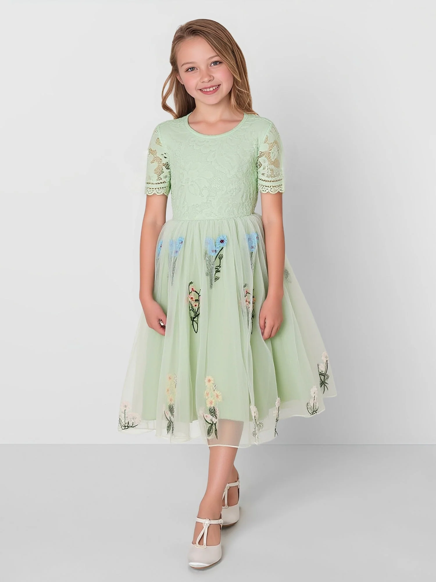Spitze Ärmel V-Rücken Gestickt Tüll Blumenmädchen Kleid Staubiges Salbei