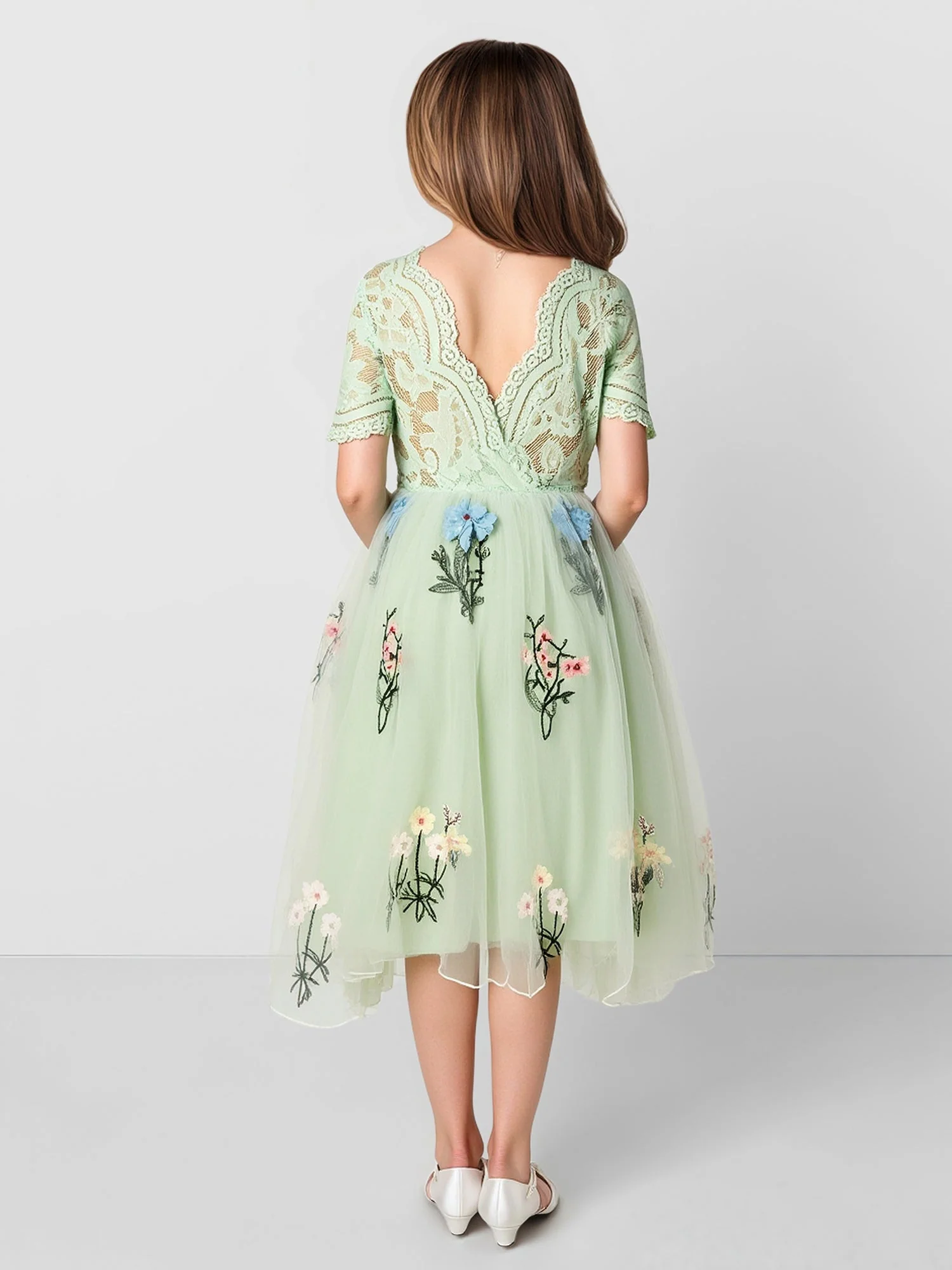 Spitze Ärmel V-Rücken Gestickt Tüll Blumenmädchen Kleid Staubiges Salbei - Image 2