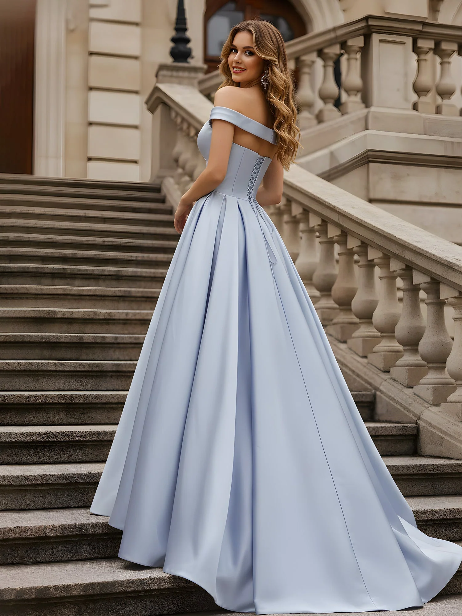 Schulterfrei Plissee A-Linie Satin Kleid Tahiti - Image 2