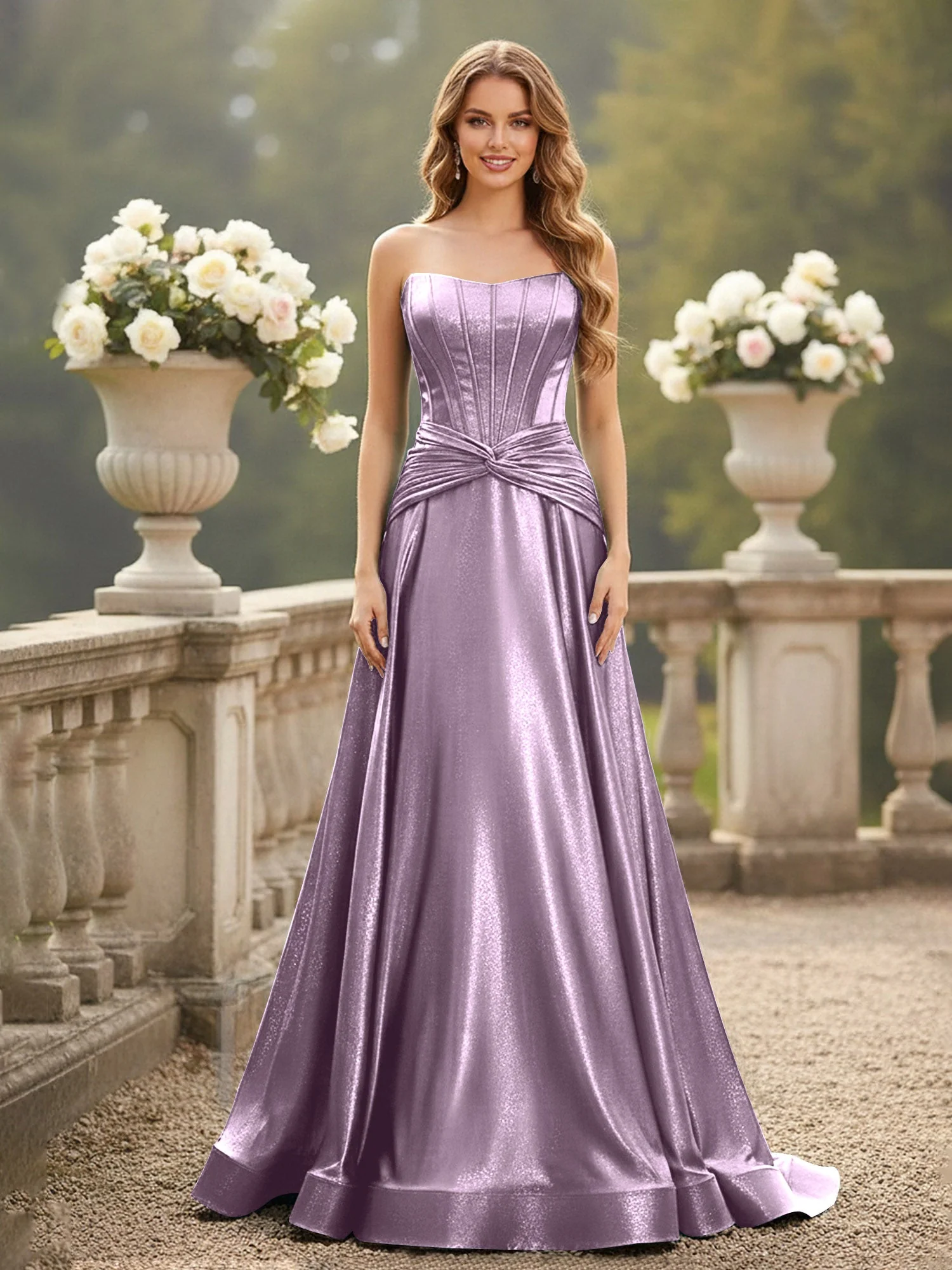 Trägerlos Plissee A-Linie Schleppe Kleid Blauregen