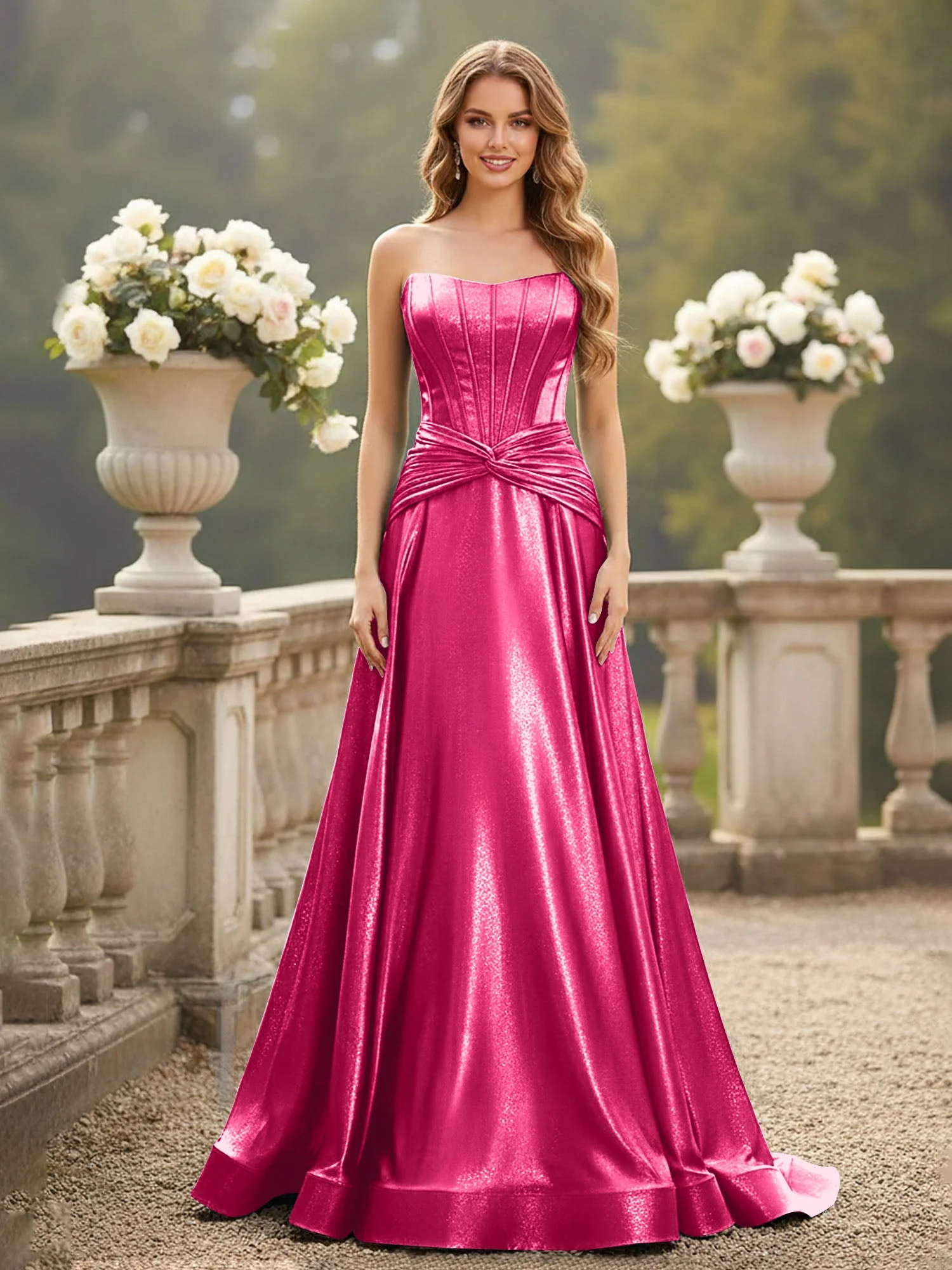 Trägerlos Plissee A-Linie Schleppe Kleid Fuchsia