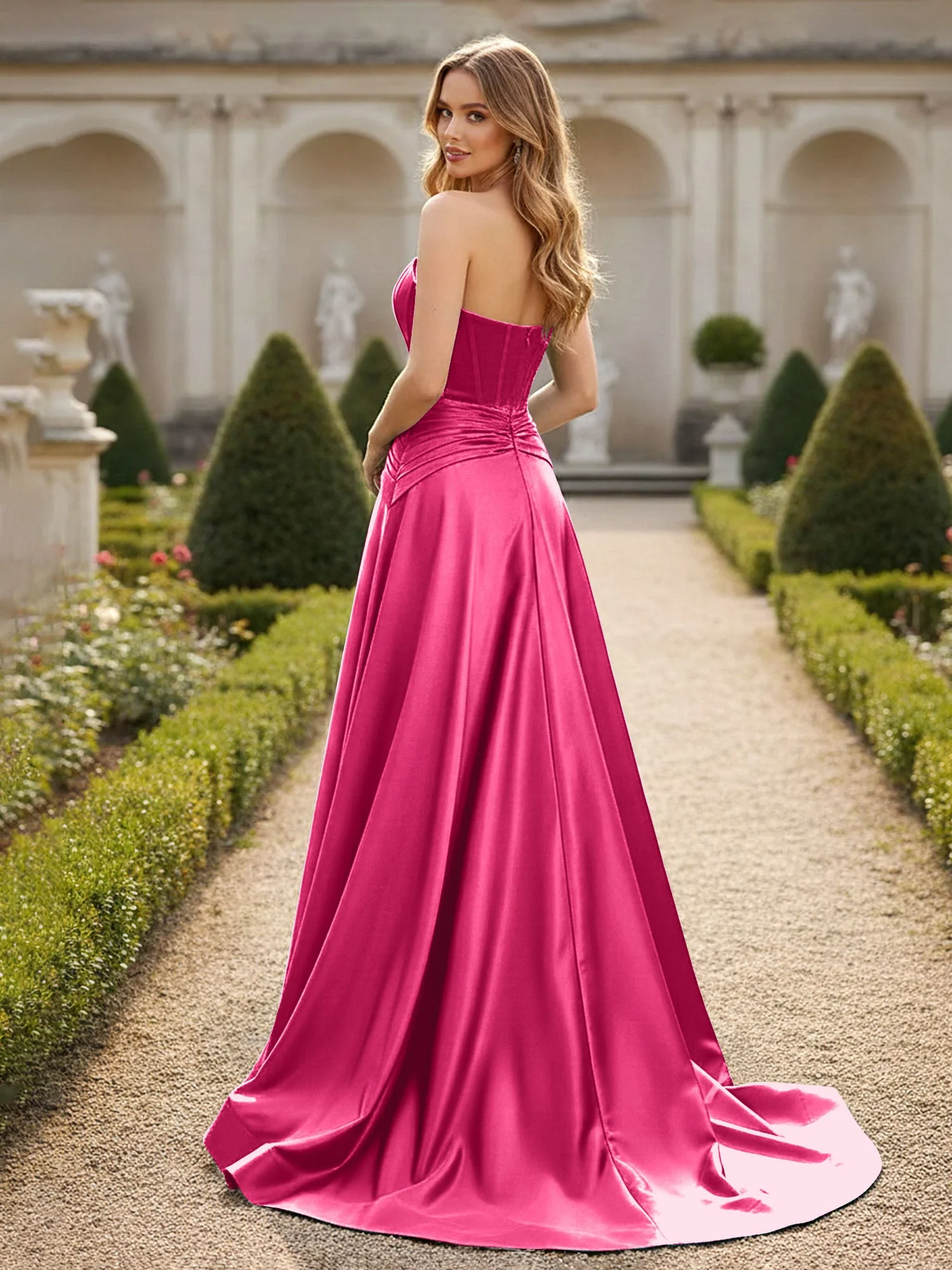 Trägerlos Plissee A-Linie Schleppe Kleid Fuchsia - Image 2
