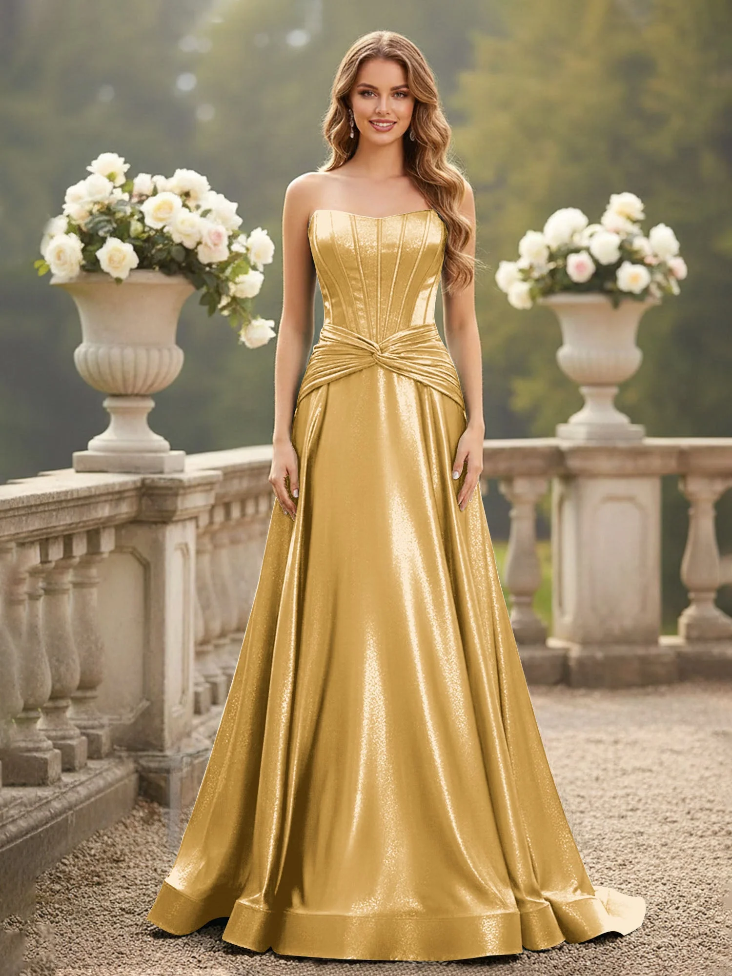 Trägerlos Plissee A-Linie Schleppe Kleid Gold
