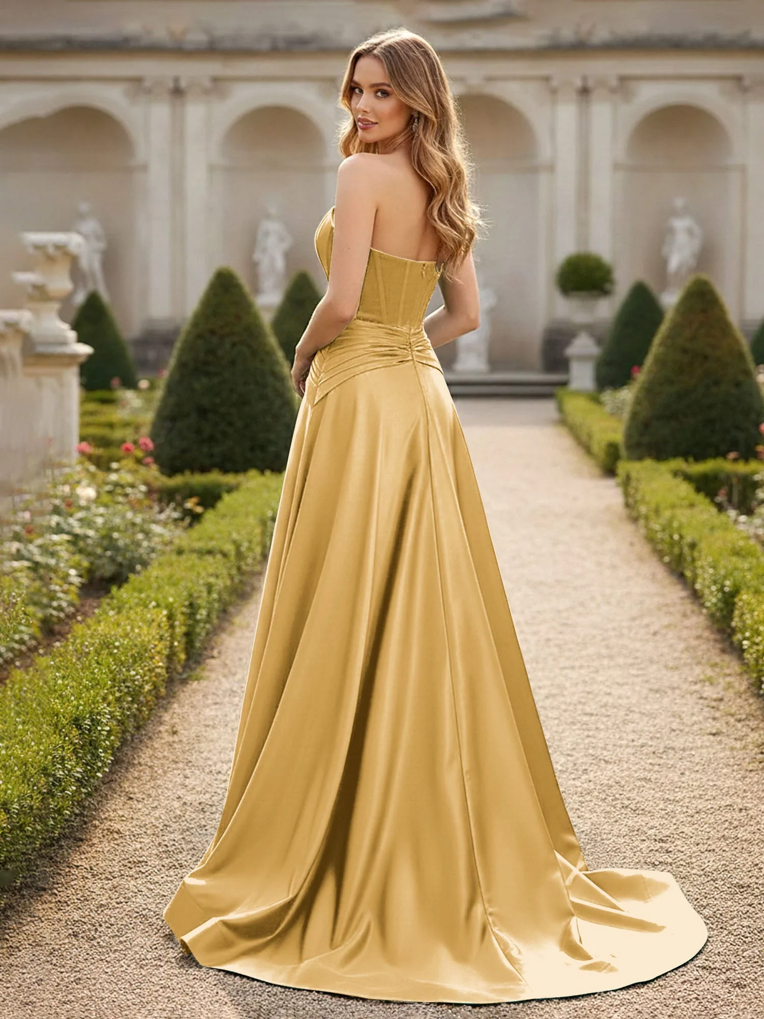 Trägerlos Plissee A-Linie Schleppe Kleid Gold - Image 2