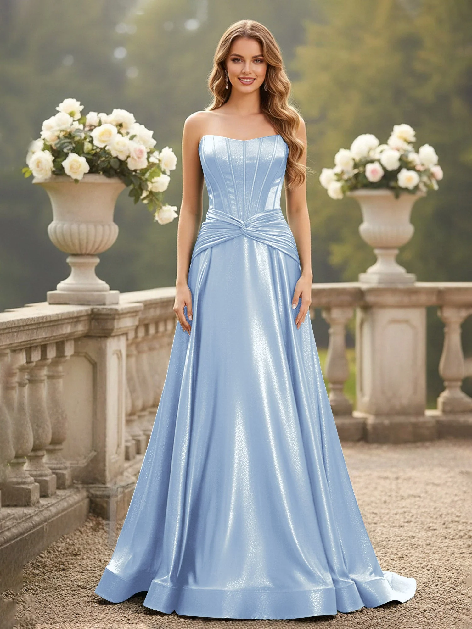 Trägerlos Plissee A-Linie Schleppe Kleid Himmelblau
