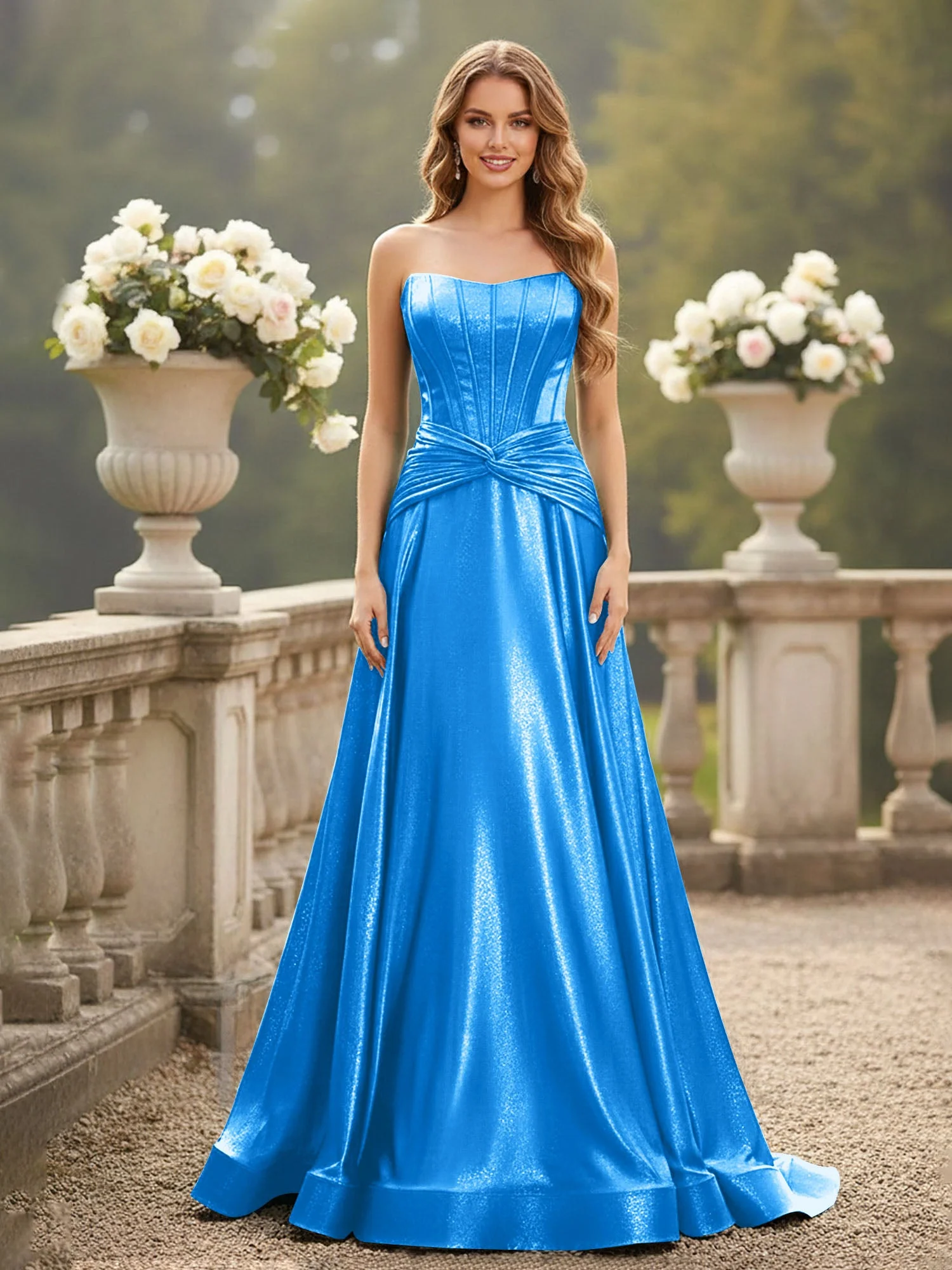Trägerlos Plissee A-Linie Schleppe Kleid Meerblau