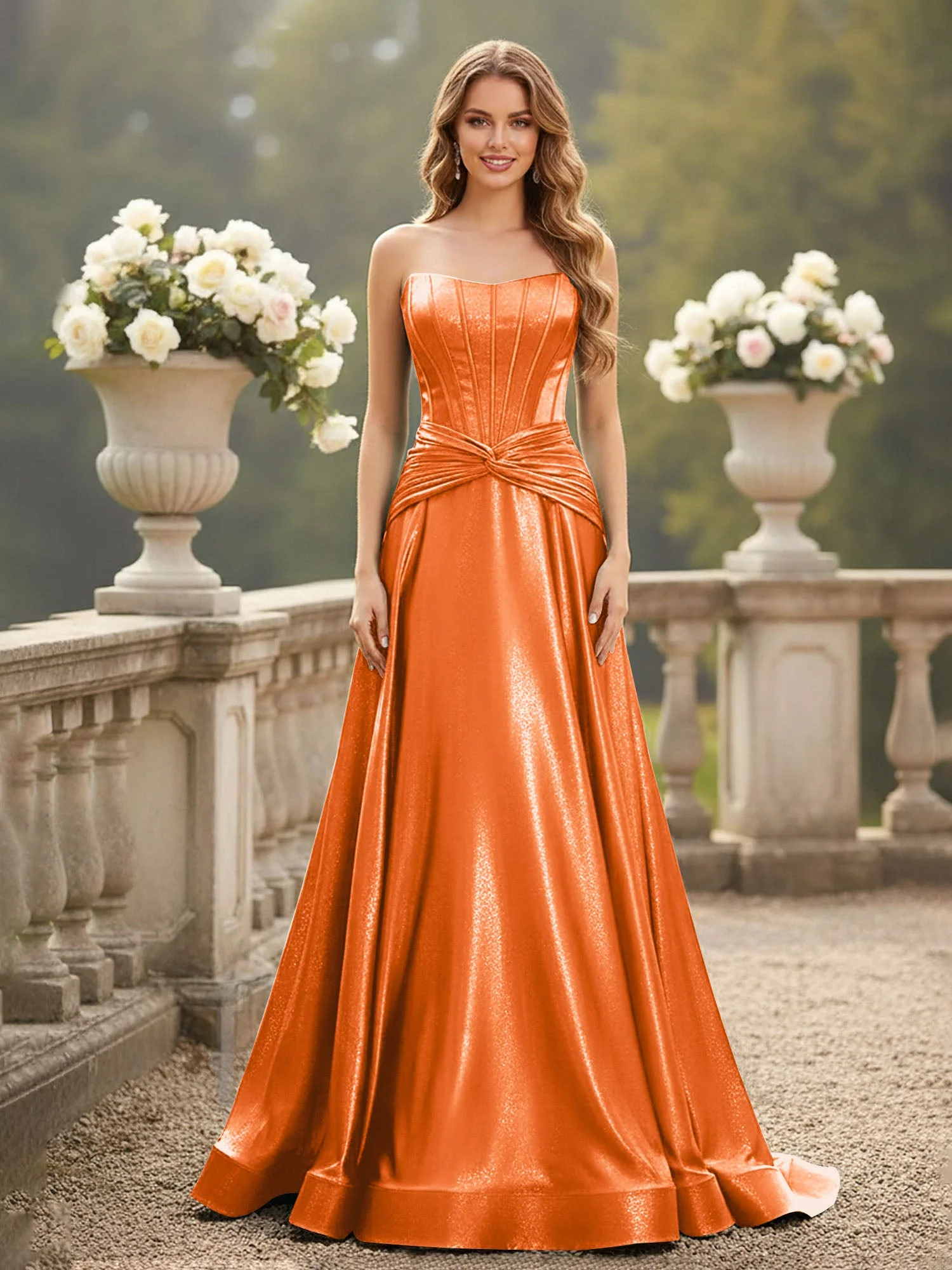 Trägerlos Plissee A-Linie Schleppe Kleid Orange
