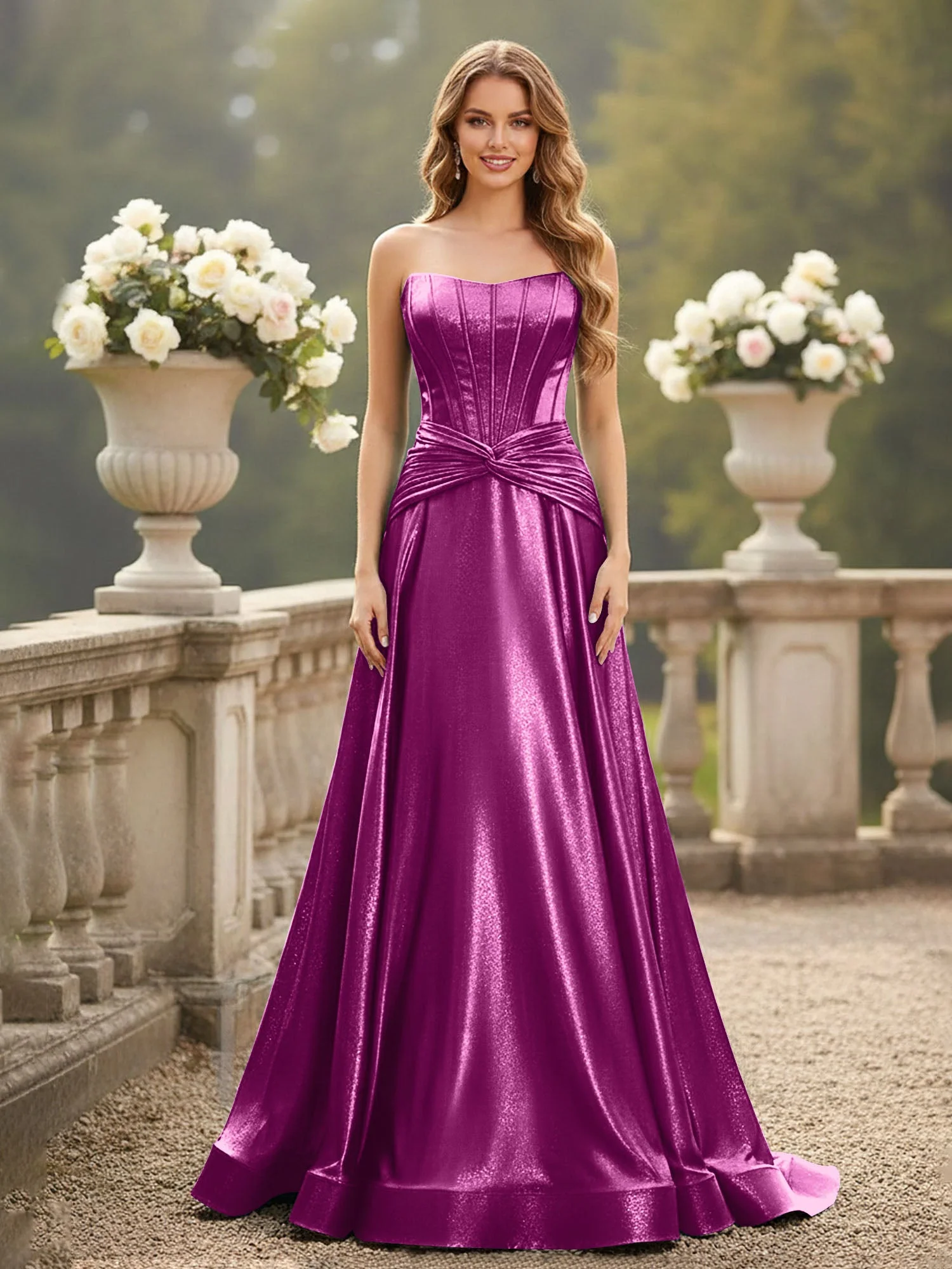 Trägerlos Plissee A-Linie Schleppe Kleid Orchidee