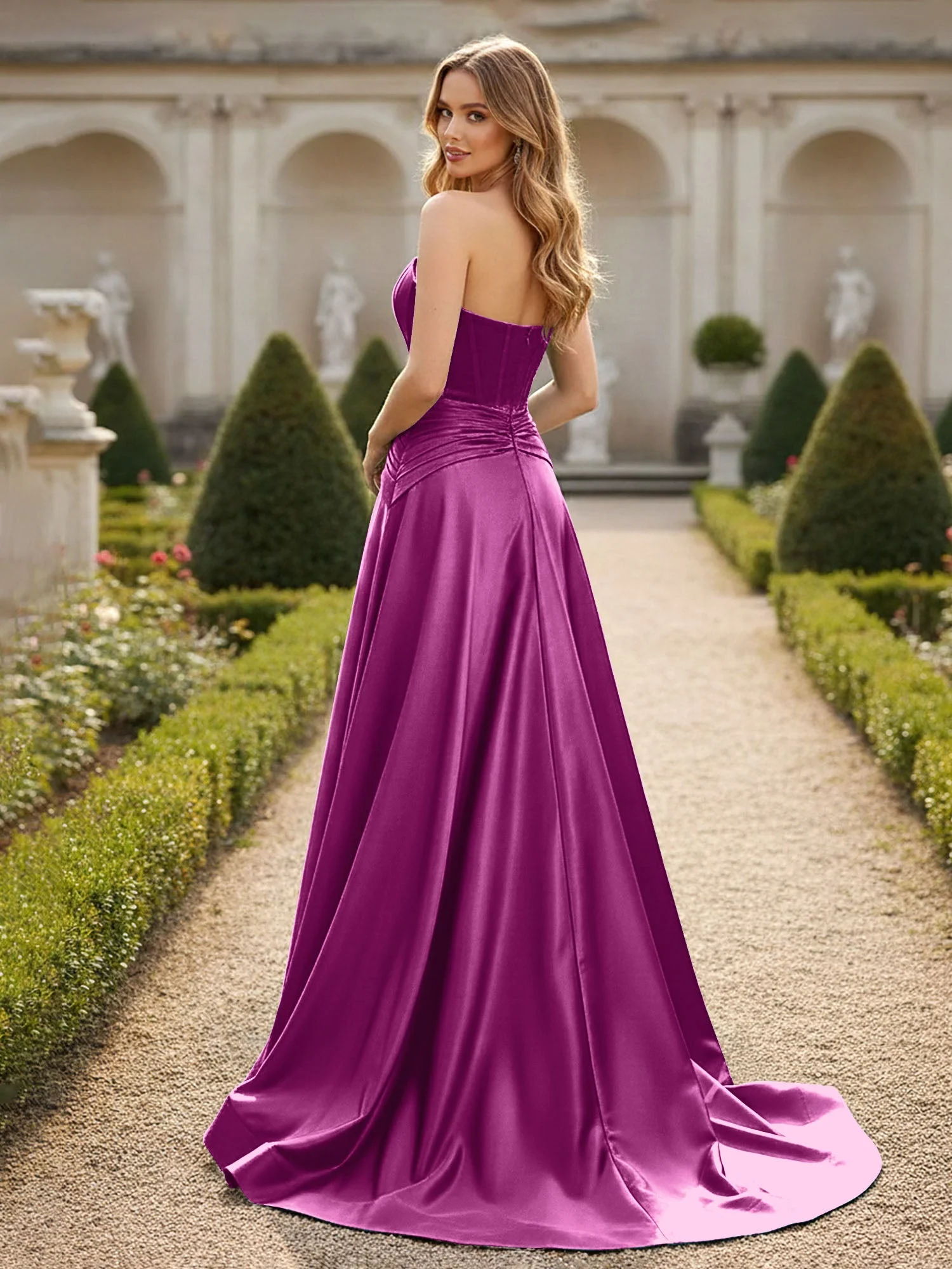 Trägerlos Plissee A-Linie Schleppe Kleid Orchidee - Image 2