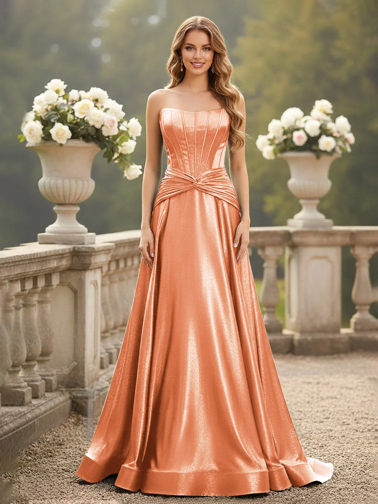 Trägerlos Plissee A-Linie Schleppe Kleid Papaya