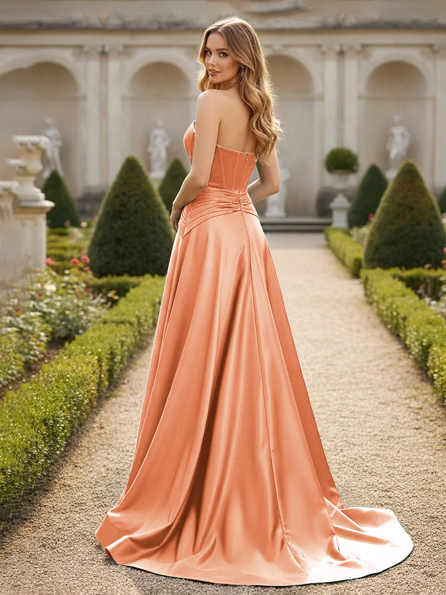 Trägerlos Plissee A-Linie Schleppe Kleid Papaya - Image 2