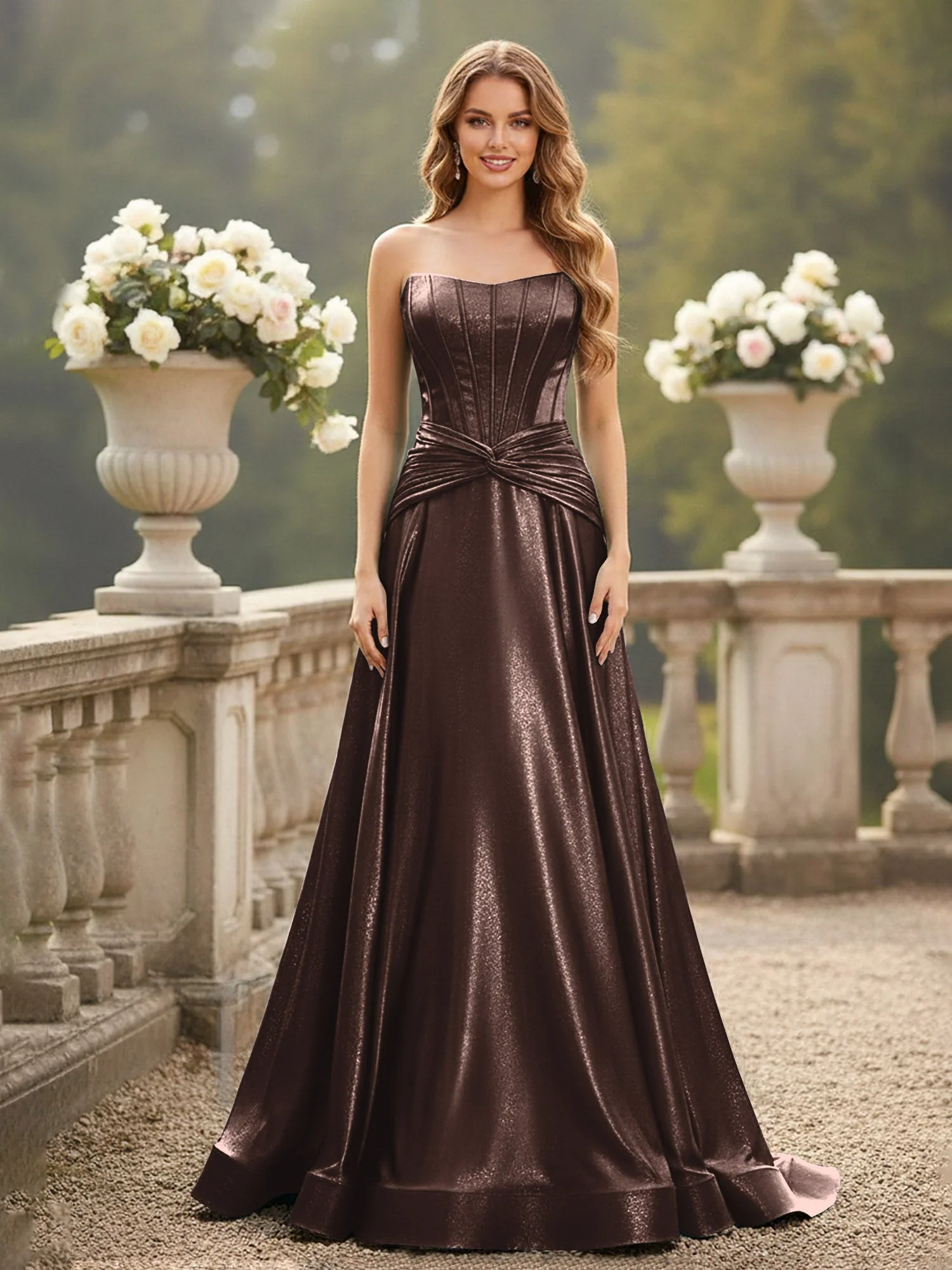 Trägerlos Plissee A-Linie Schleppe Kleid Schokolade