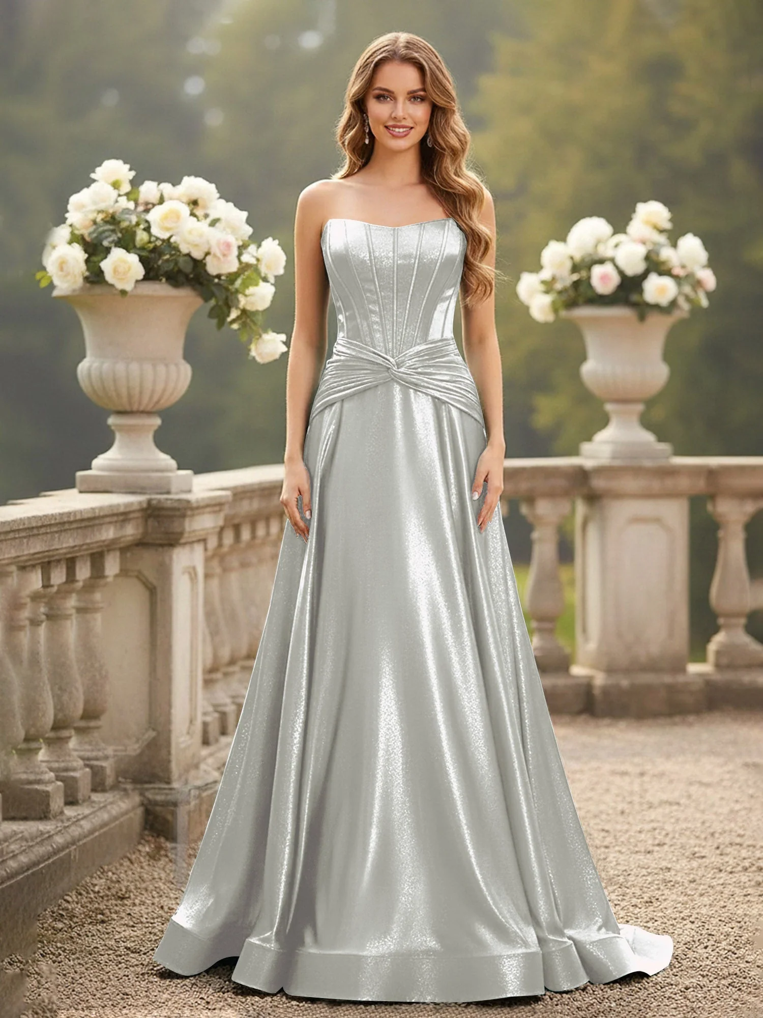 Trägerlos Plissee A-Linie Schleppe Kleid Silber