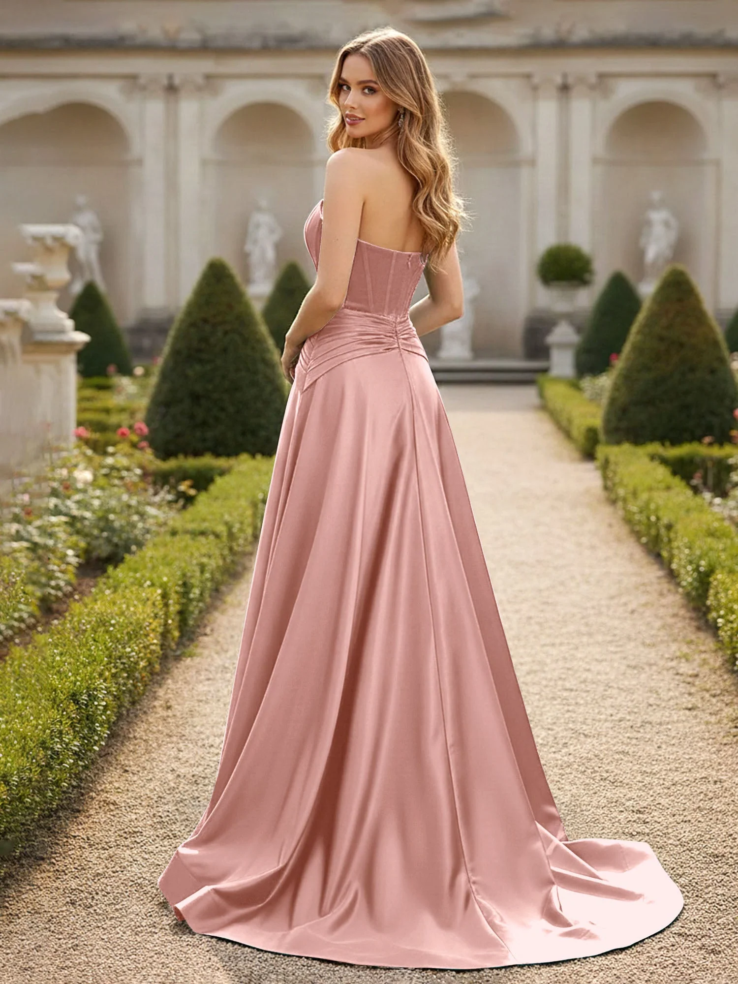 Trägerlos Plissee A-Linie Schleppe Kleid Staubige Rosa - Image 2