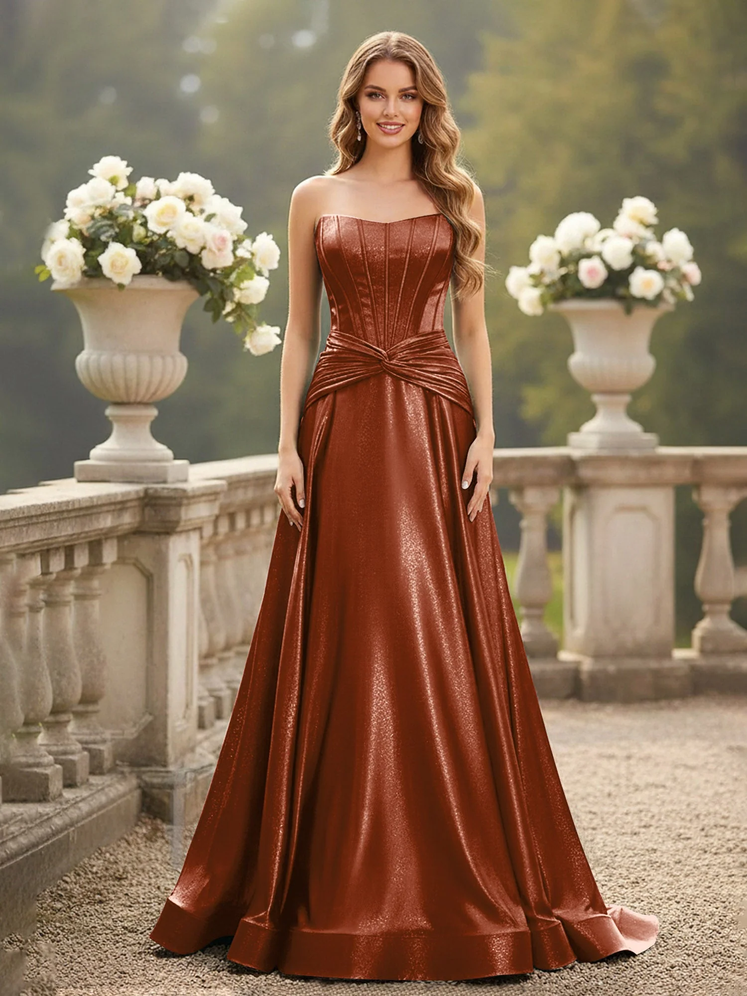 Trägerlos Plissee A-Linie Schleppe Kleid Terrakotta