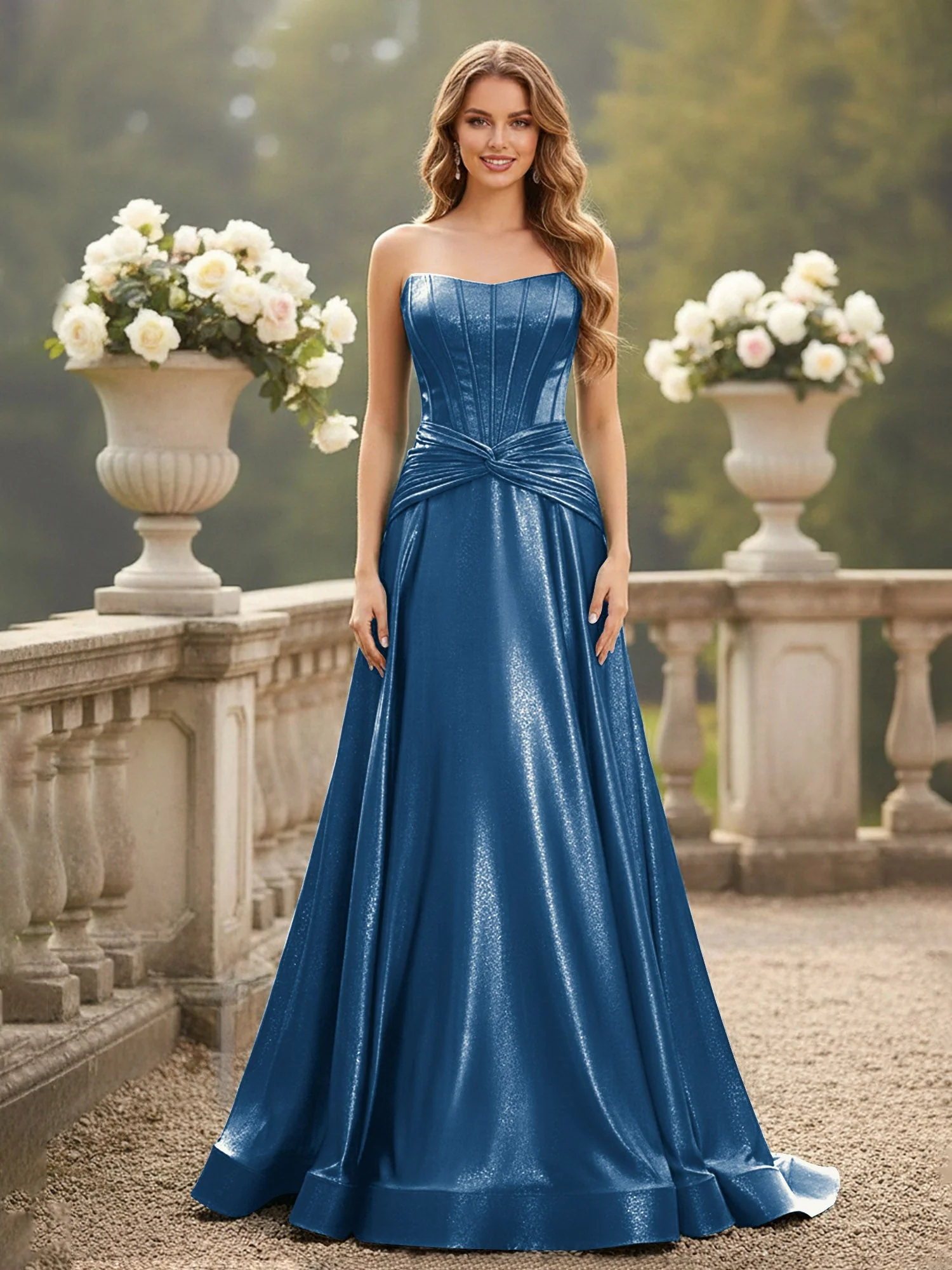 Trägerlos Plissee A-Linie Schleppe Kleid Tinte Blau