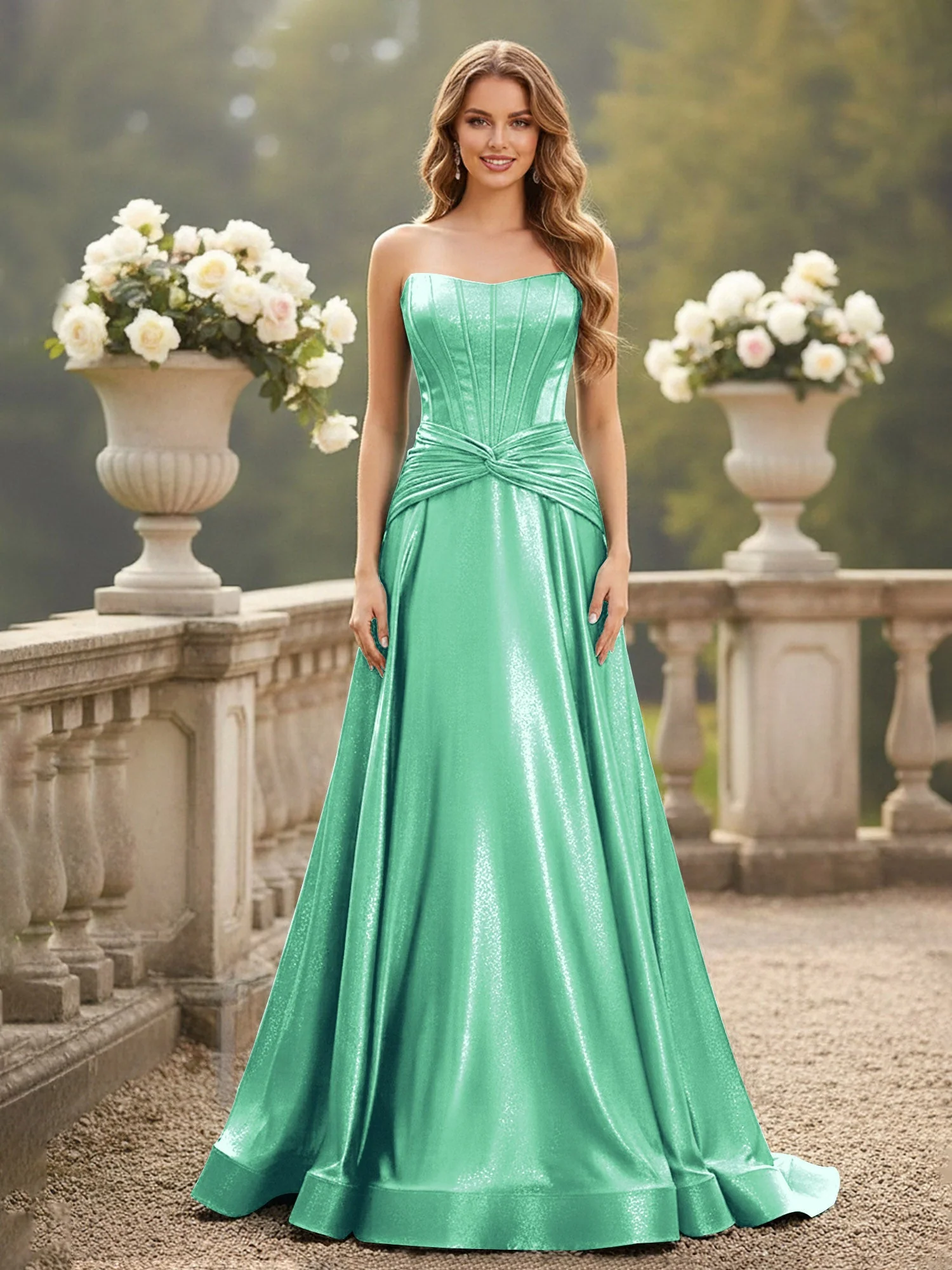 Trägerlos Plissee A-Linie Schleppe Kleid Türkis