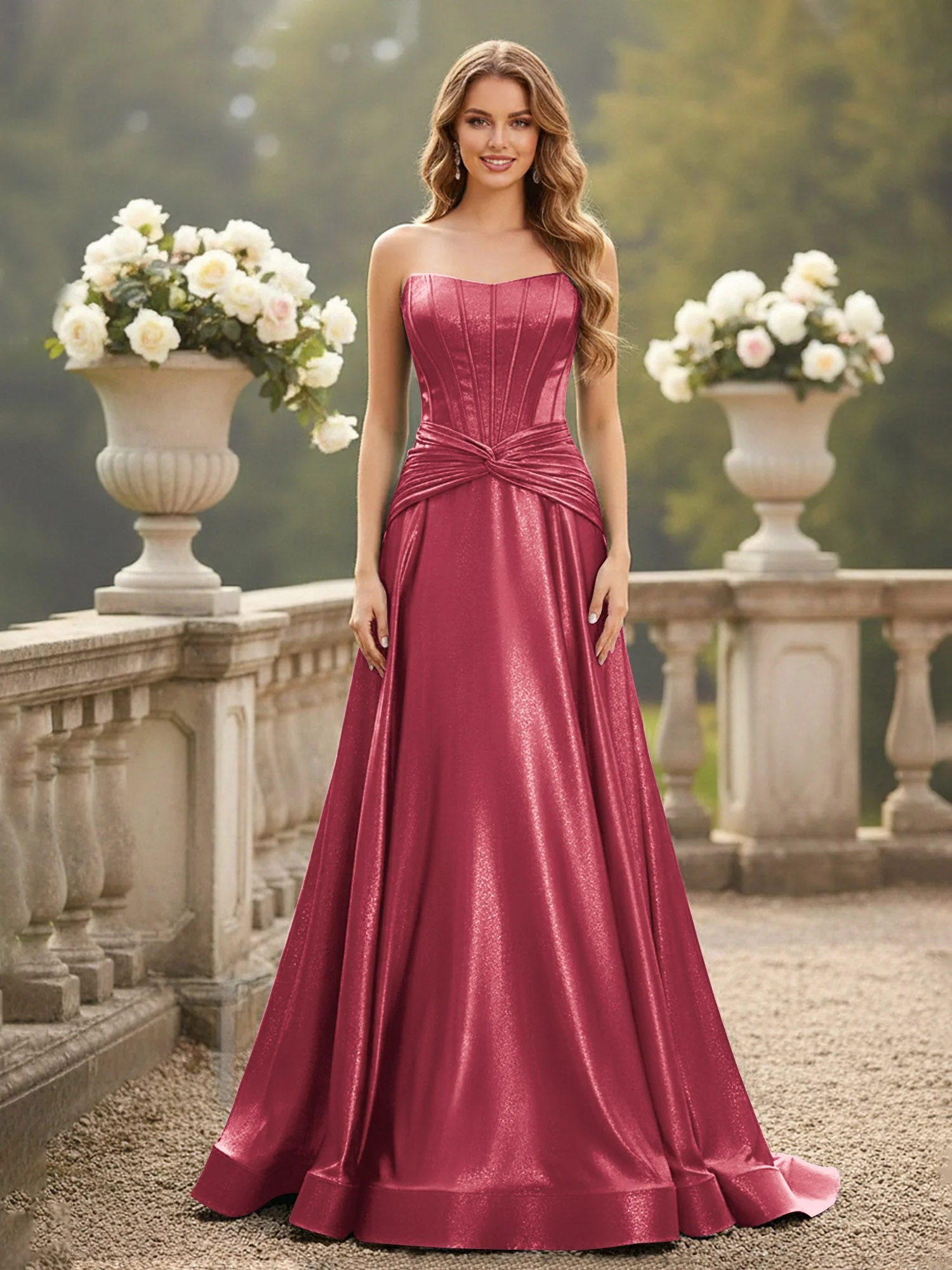 Trägerlos Plissee A-Linie Schleppe Kleid Zimtrose
