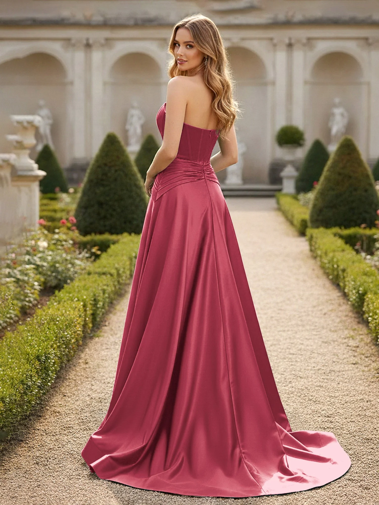 Trägerlos Plissee A-Linie Schleppe Kleid Zimtrose - Image 2