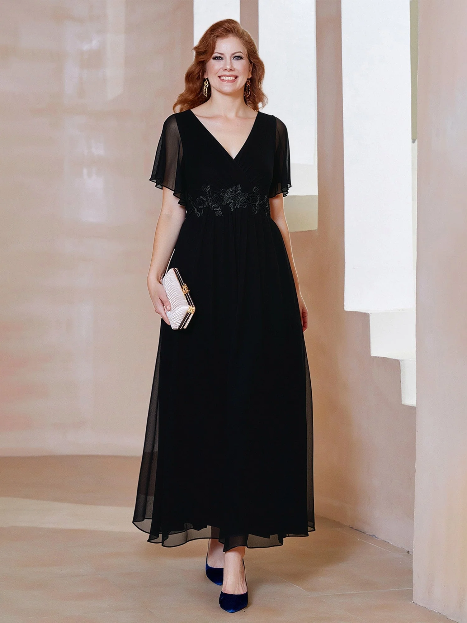 Chiffon V-Ausschnitt A-Linie Kleid mit Flatterärmeln Schwarz