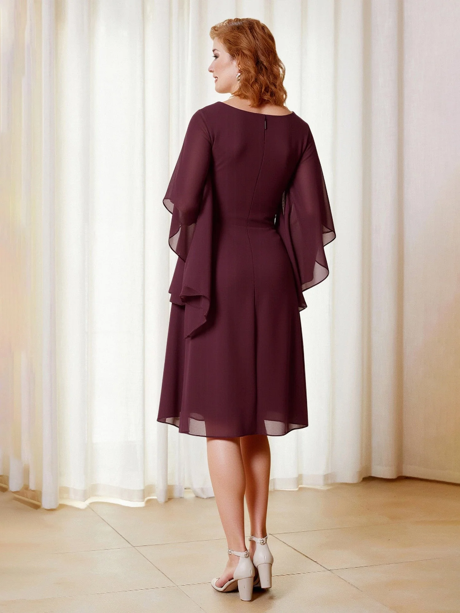A-Linie V-Ausschnitt Flatterärmel Chiffon Knielang Kleid Perlrosa - Image 2