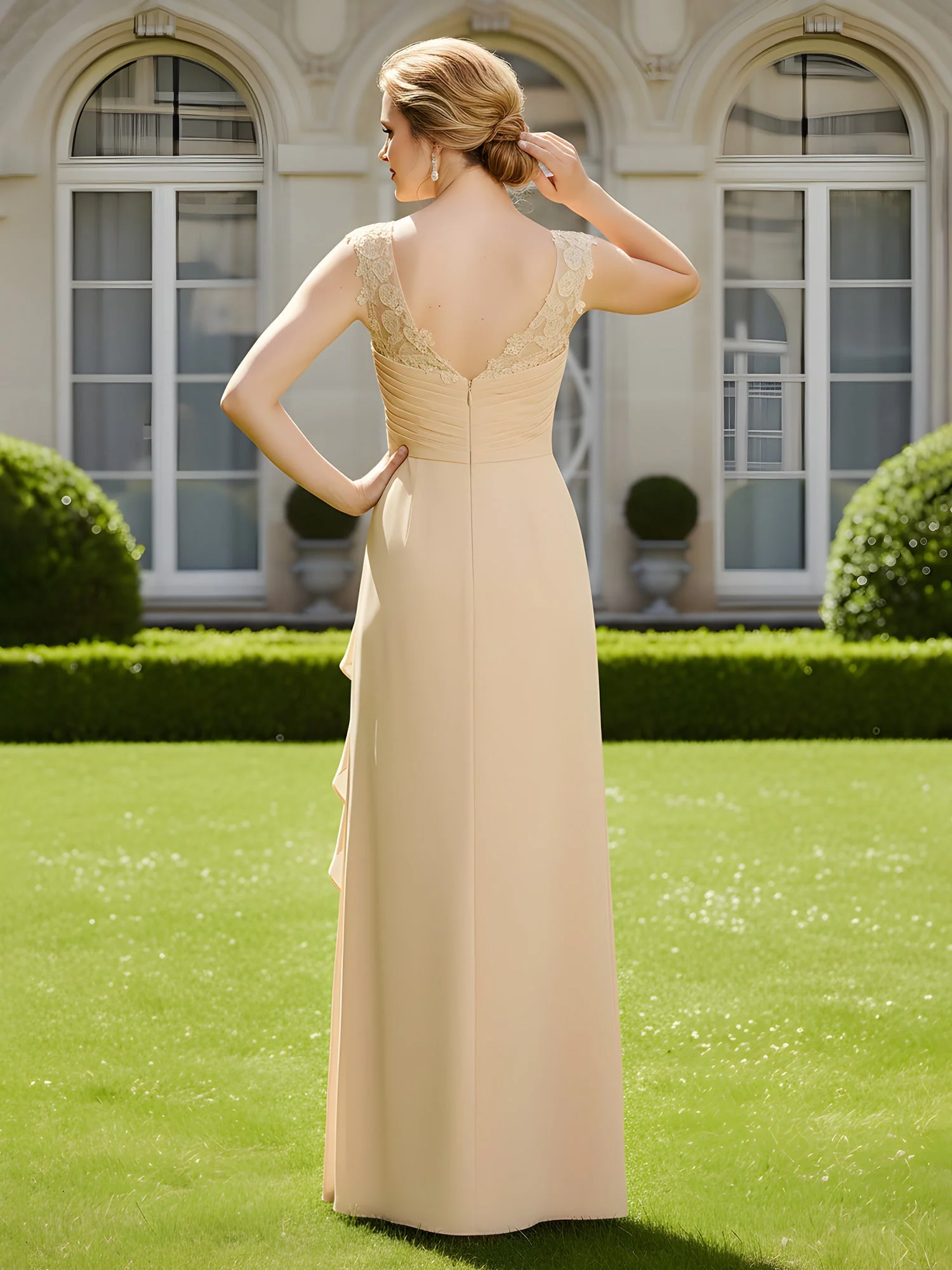 Plissee A-Linie Rüschen Spitze Chiffon Bodenlang Kleid Cabernet - Image 2