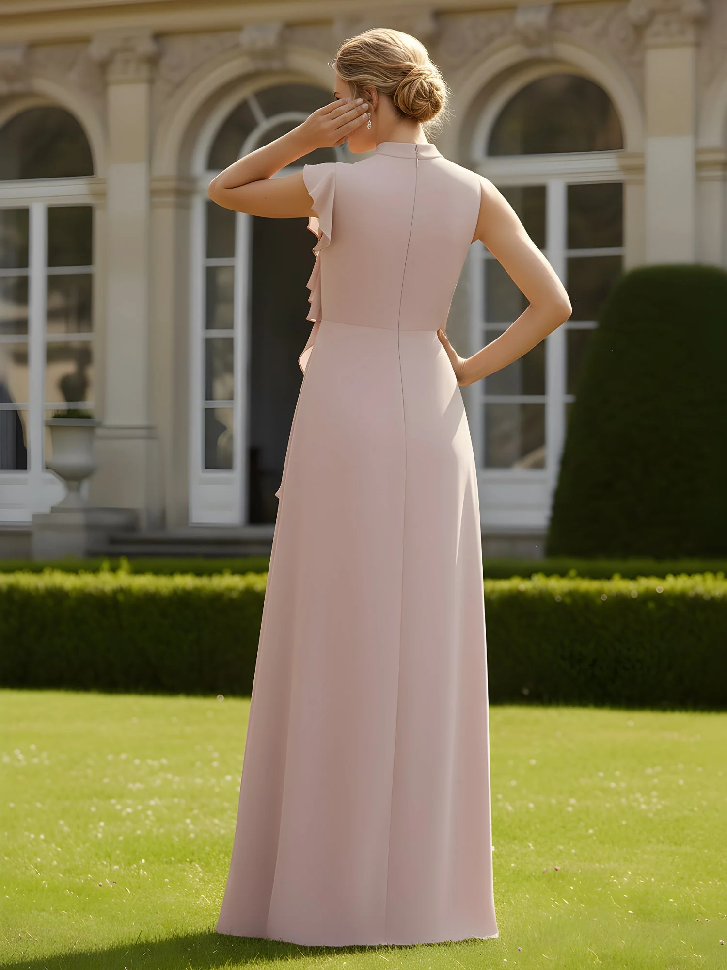 Hoher Ausschnitt Plissee A-Linie Rüschen Kleid Schwarz - Image 2