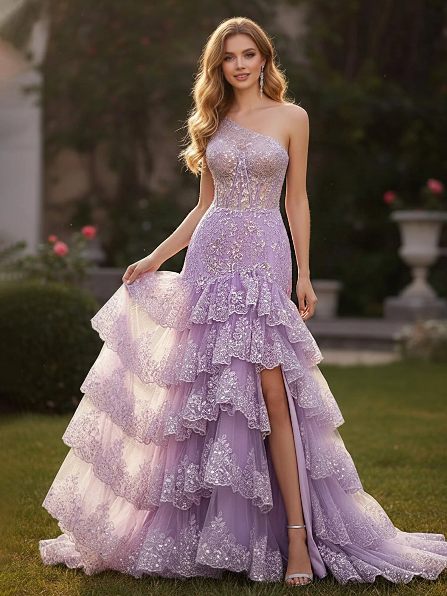 Eine Schulter Spitze Pailletten Stufen Kleid mit Schlitz Lila
