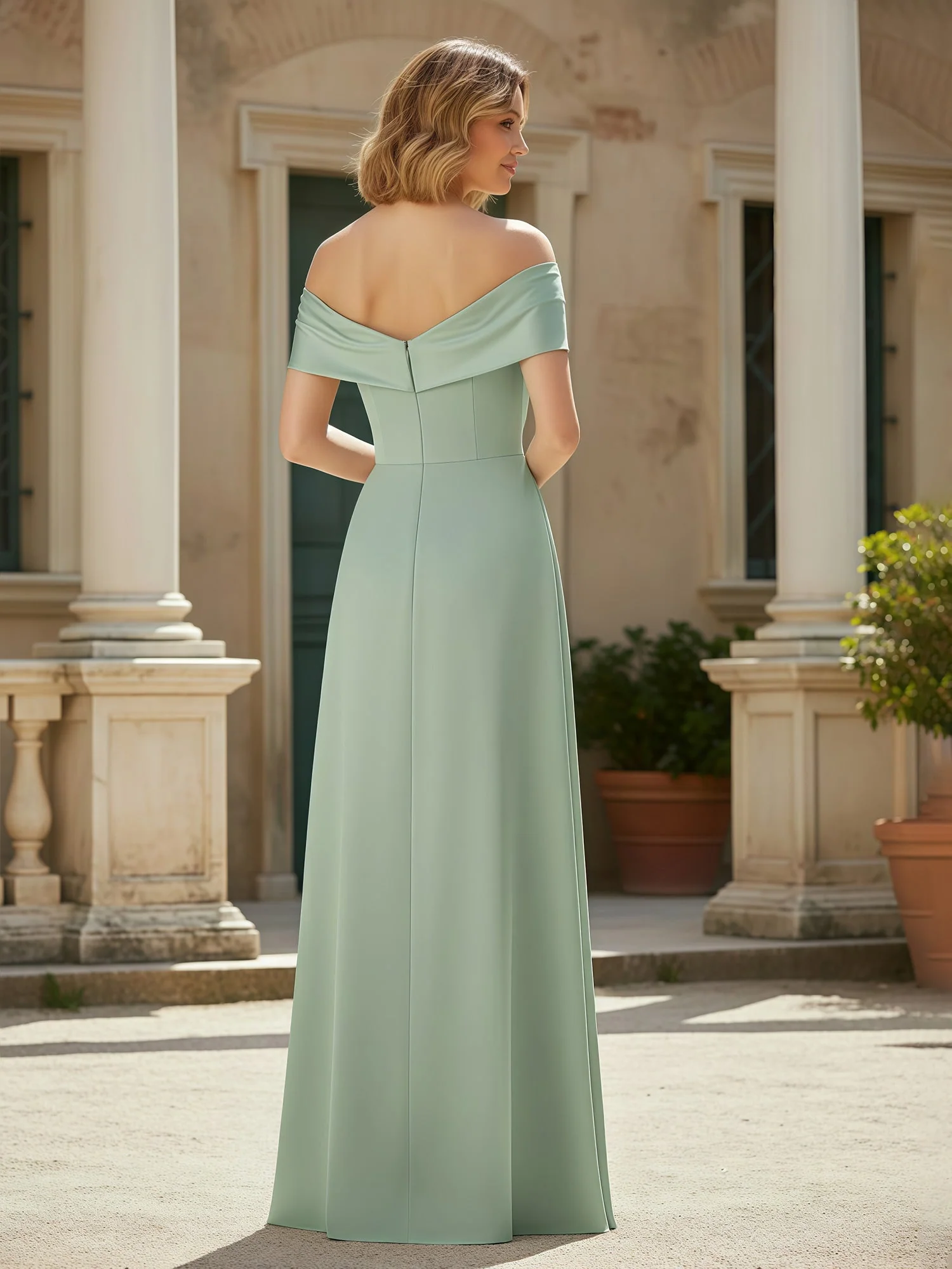 Schulterfrei Plissee Stretch Satin Lang Kleid Ringelblume - Image 2