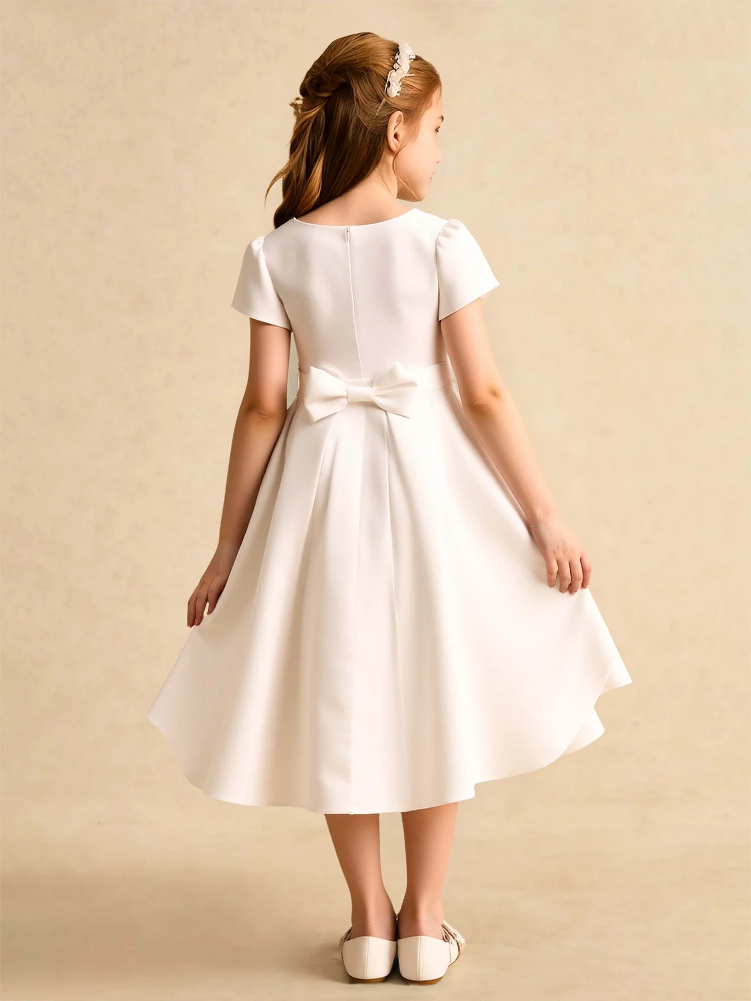 Scoop Ausschnitt Perlen A-Linie Satin Blumenmädchen Kleid Elfenbein - Image 2