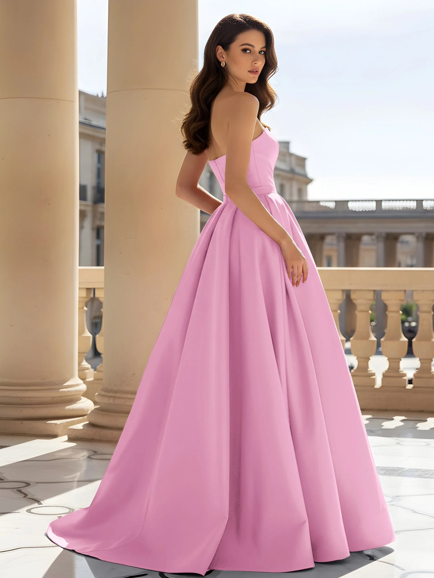 Trägerlos Strukturiert Satin Ballkleid mit Gürtel Detail Bonbonrosa - Image 2