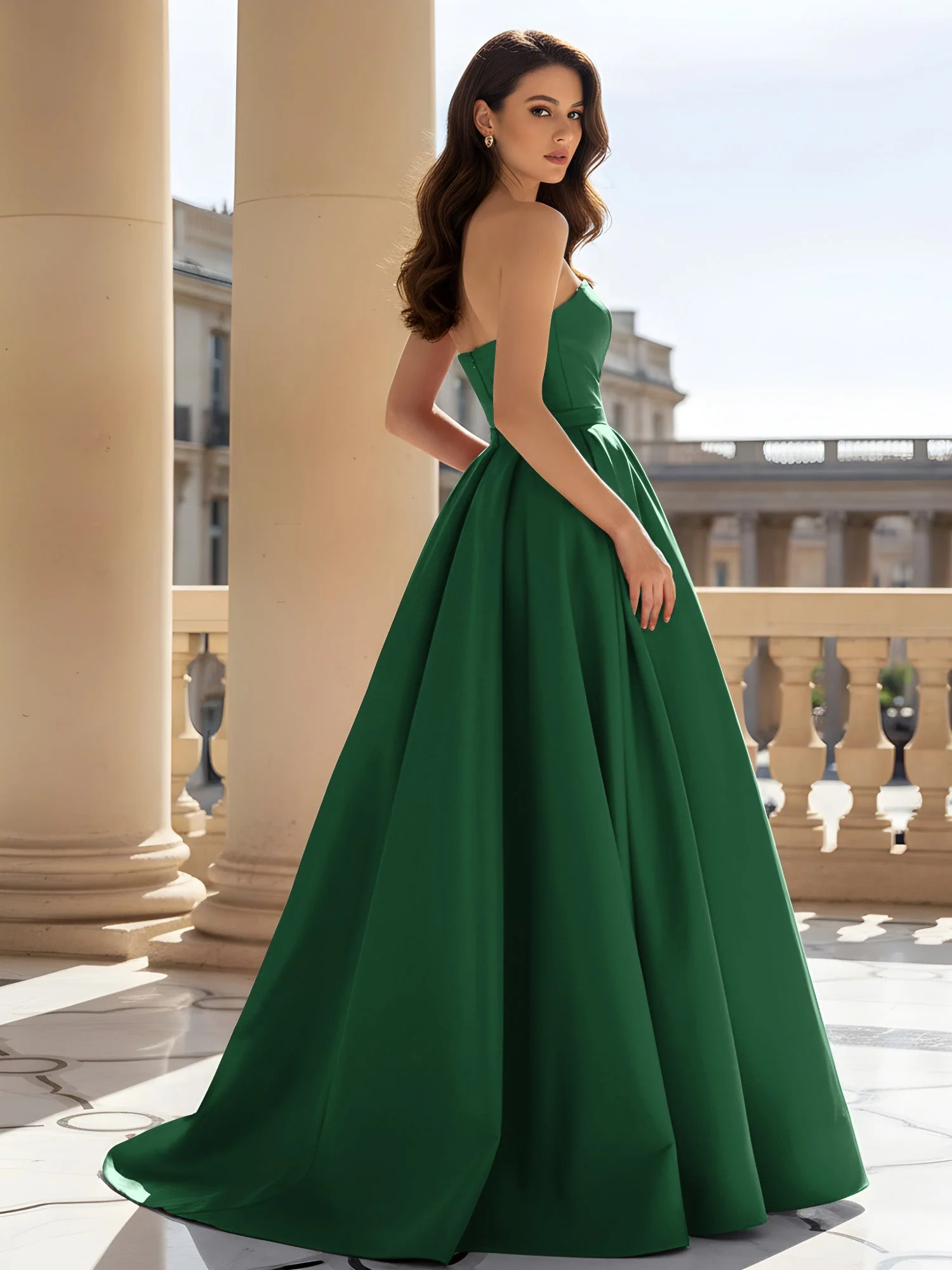Trägerlos Strukturiert Satin Ballkleid mit Gürtel Detail Dunkelgrün - Image 2