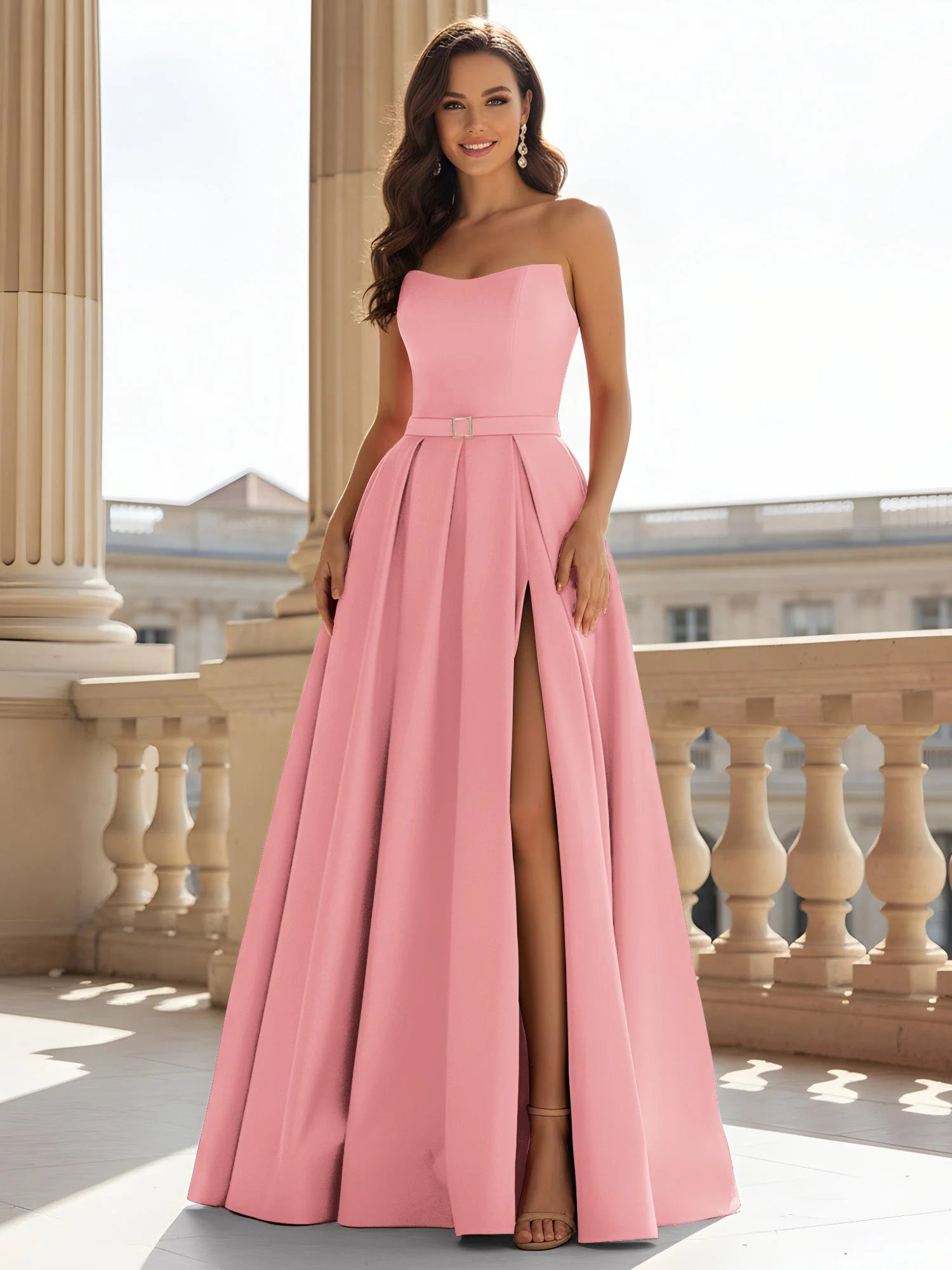 Trägerlos Strukturiert Satin Ballkleid mit Gürtel Detail Flamingo