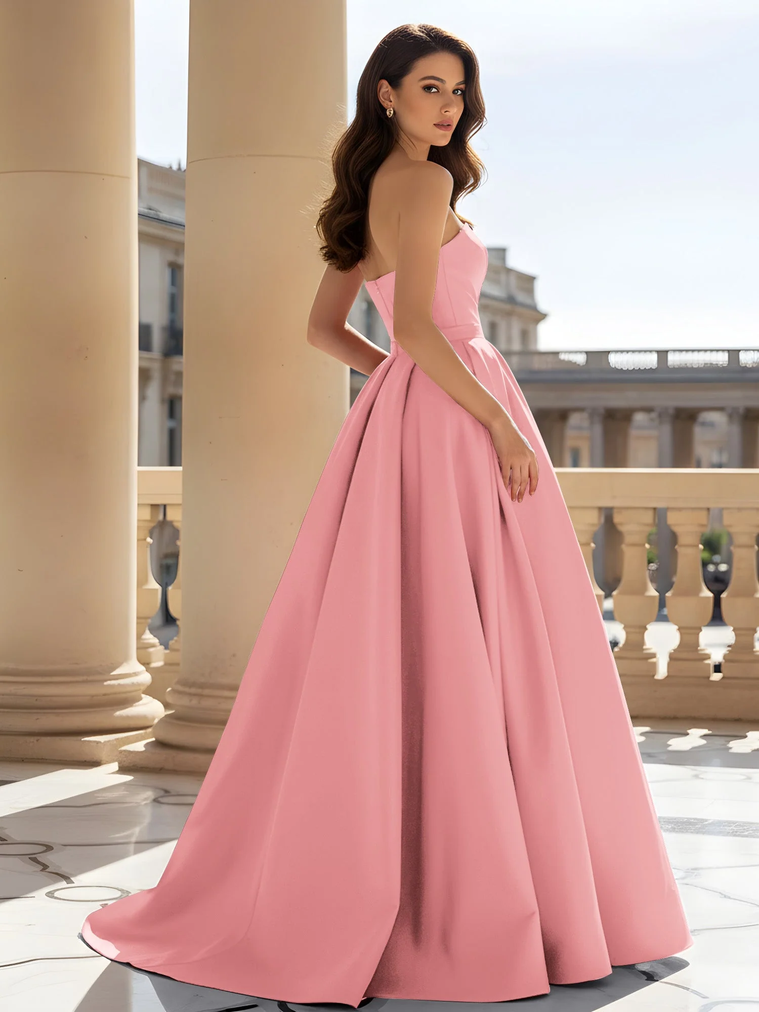 Trägerlos Strukturiert Satin Ballkleid mit Gürtel Detail Flamingo - Image 2