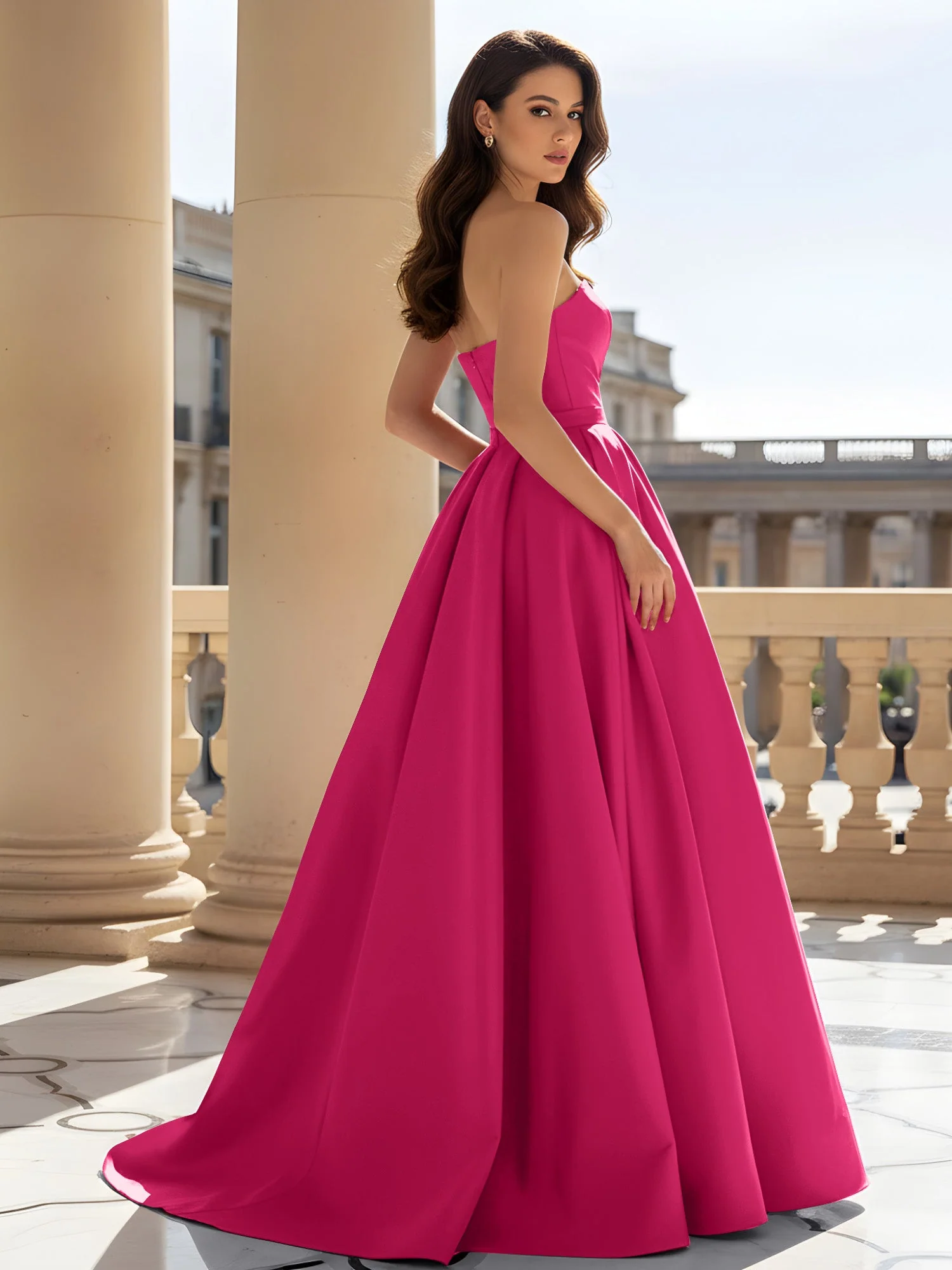 Trägerlos Strukturiert Satin Ballkleid mit Gürtel Detail Fuchsia - Image 2
