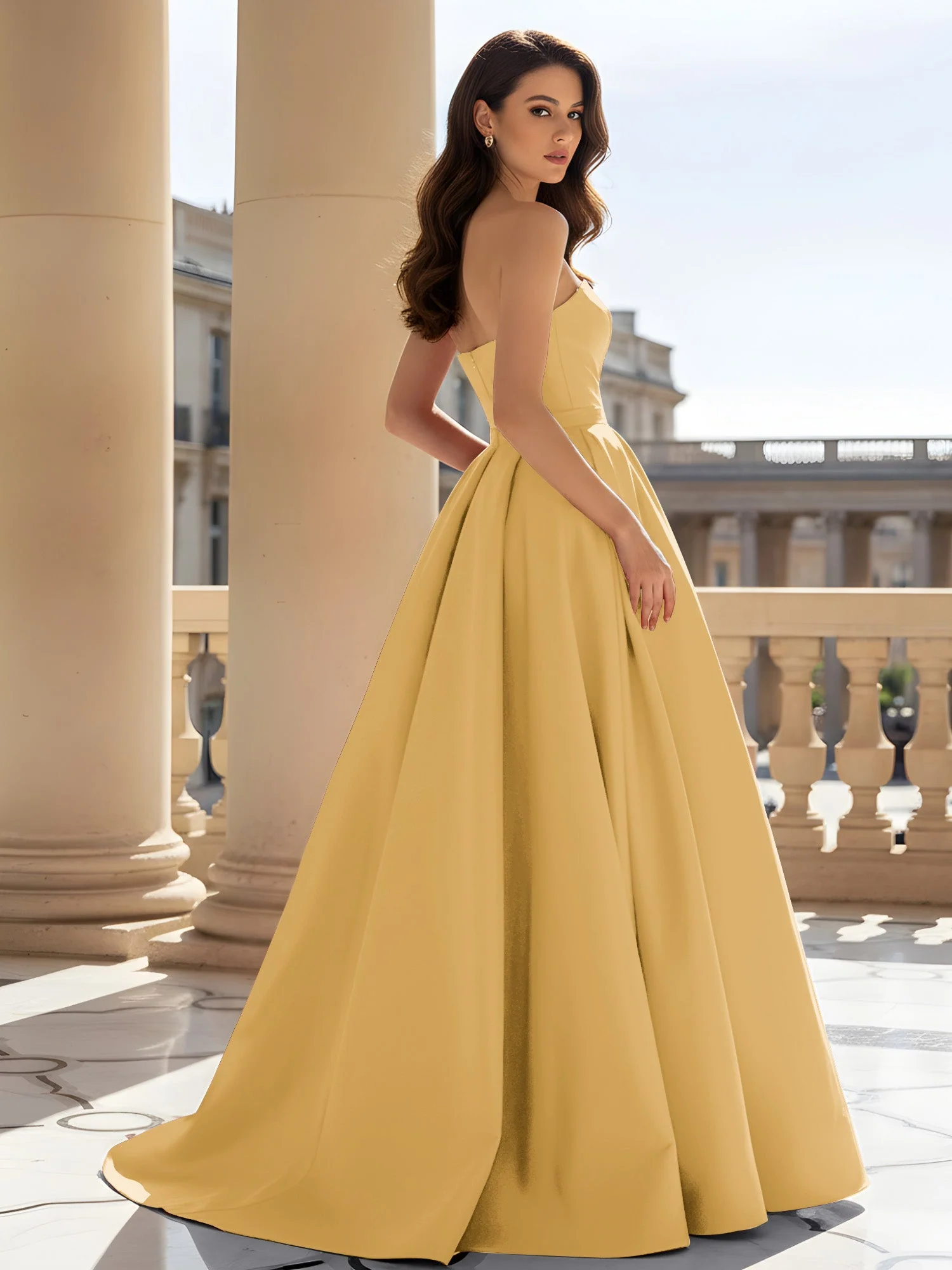 Trägerlos Strukturiert Satin Ballkleid mit Gürtel Detail Gold - Image 2
