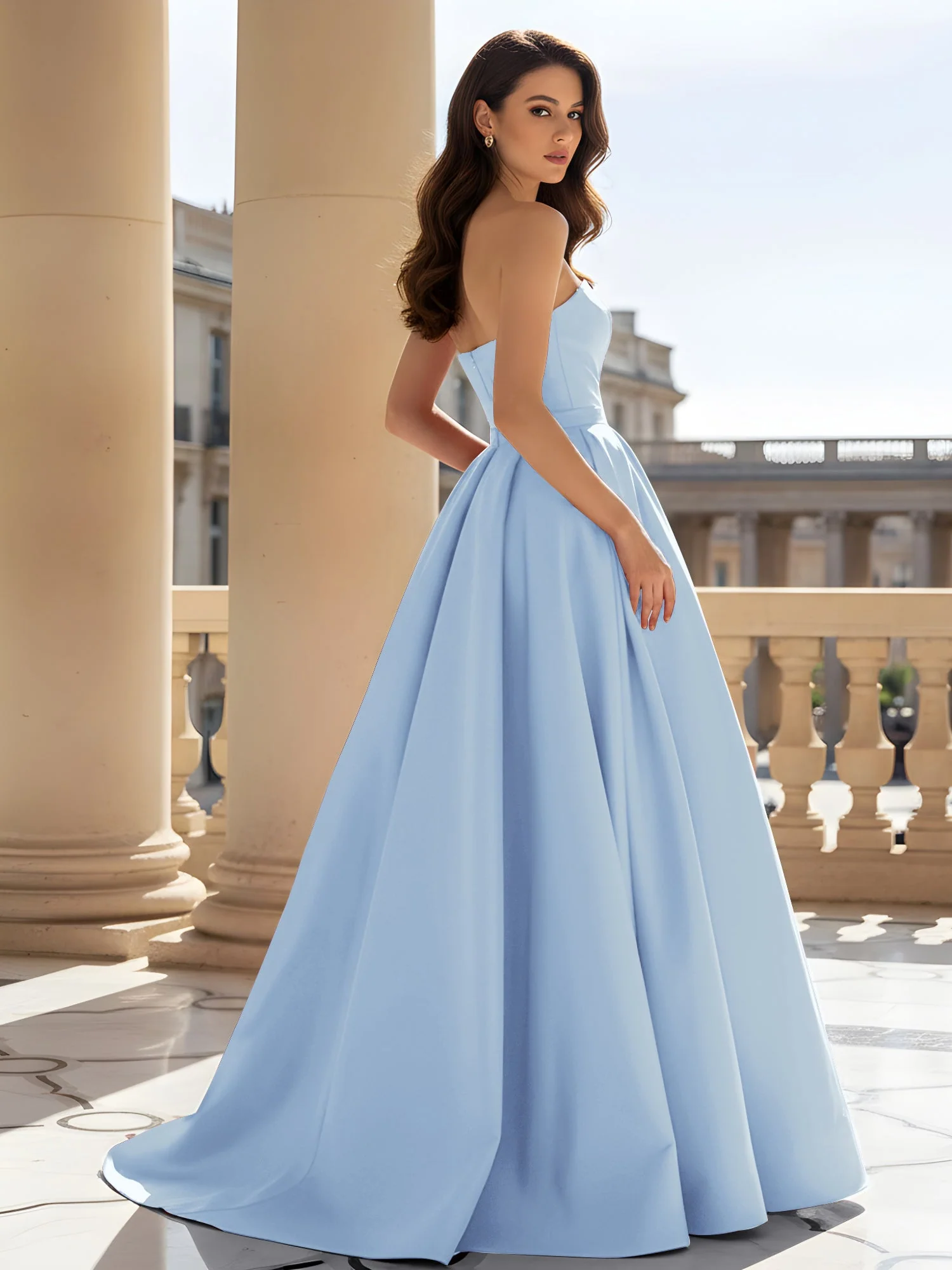 Trägerlos Strukturiert Satin Ballkleid mit Gürtel Detail Himmelblau - Image 2
