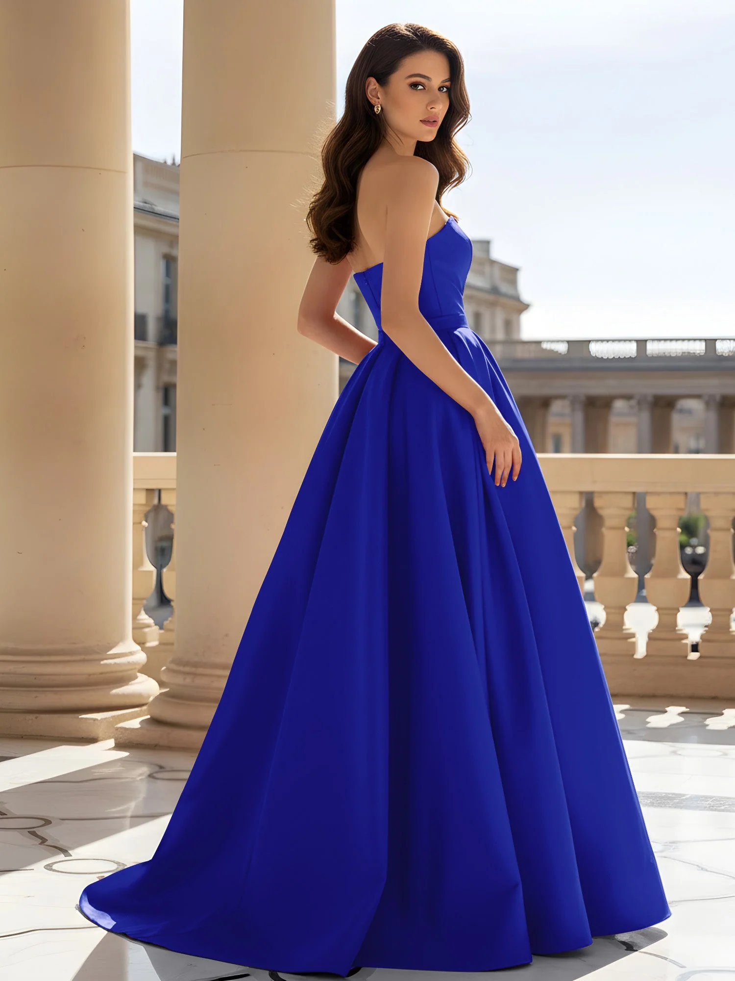 Trägerlos Strukturiert Satin Ballkleid mit Gürtel Detail Königsblau - Image 2