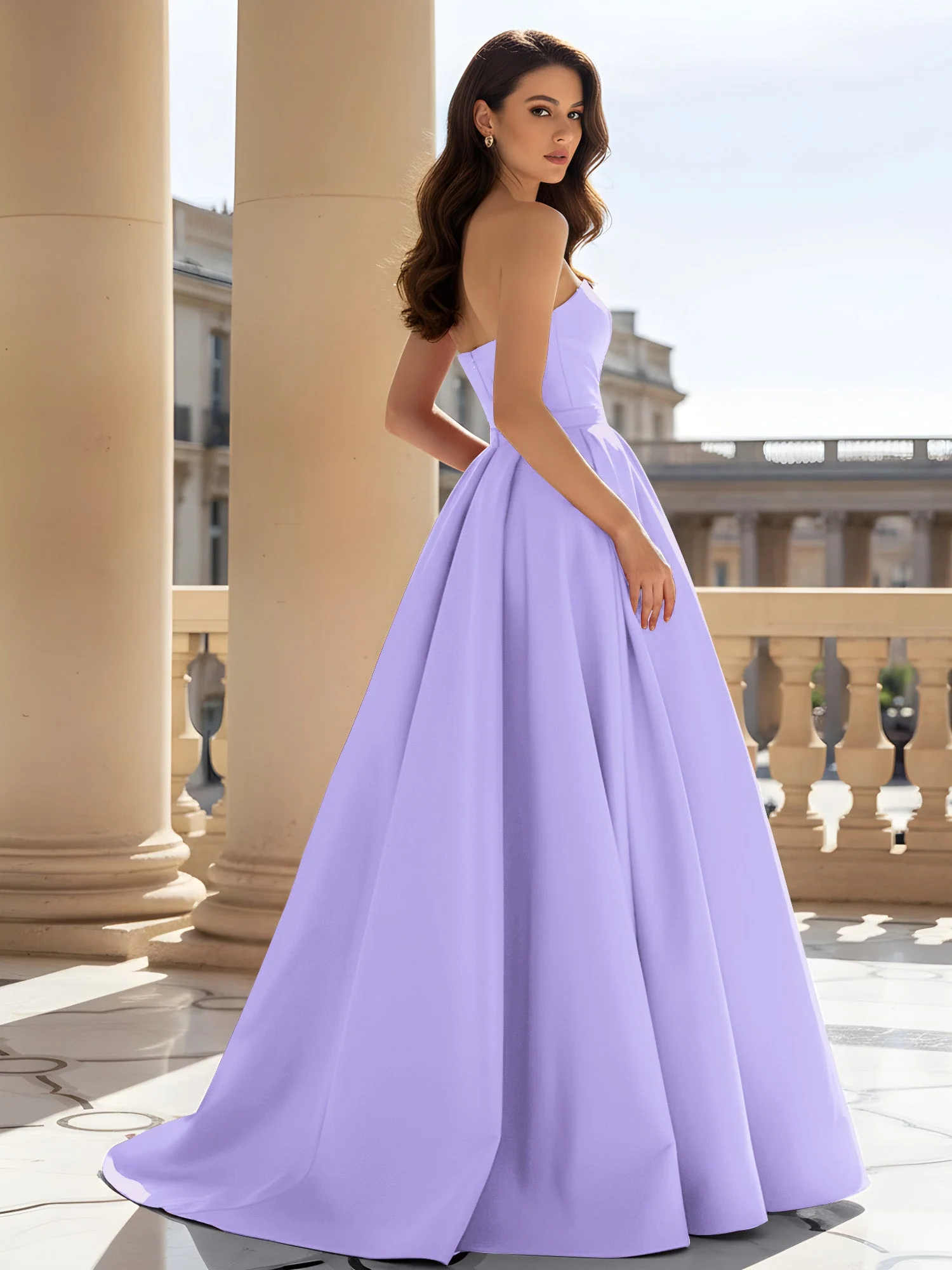 Trägerlos Strukturiert Satin Ballkleid mit Gürtel Detail Lila - Image 2