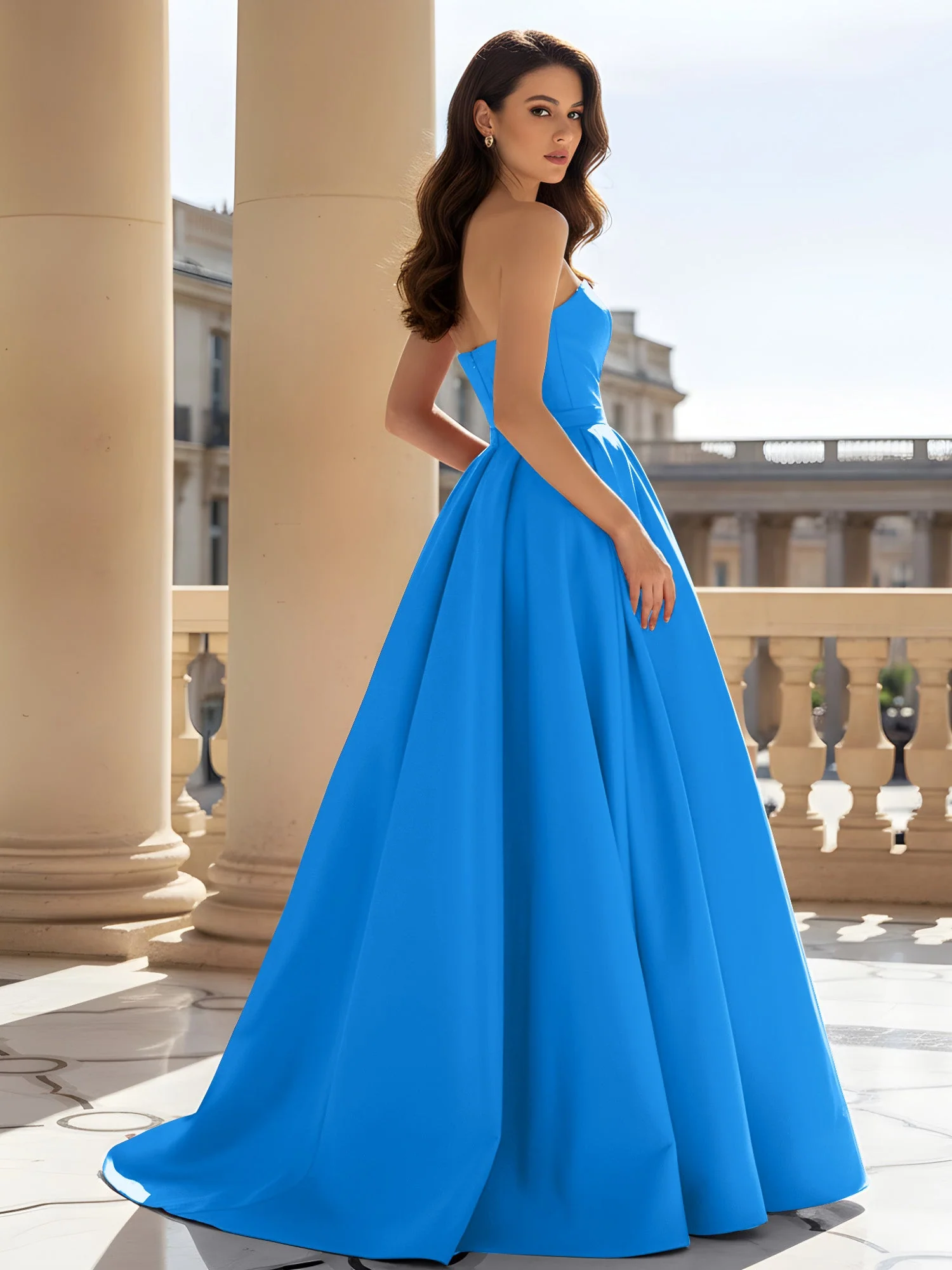 Trägerlos Strukturiert Satin Ballkleid mit Gürtel Detail Meerblau - Image 2