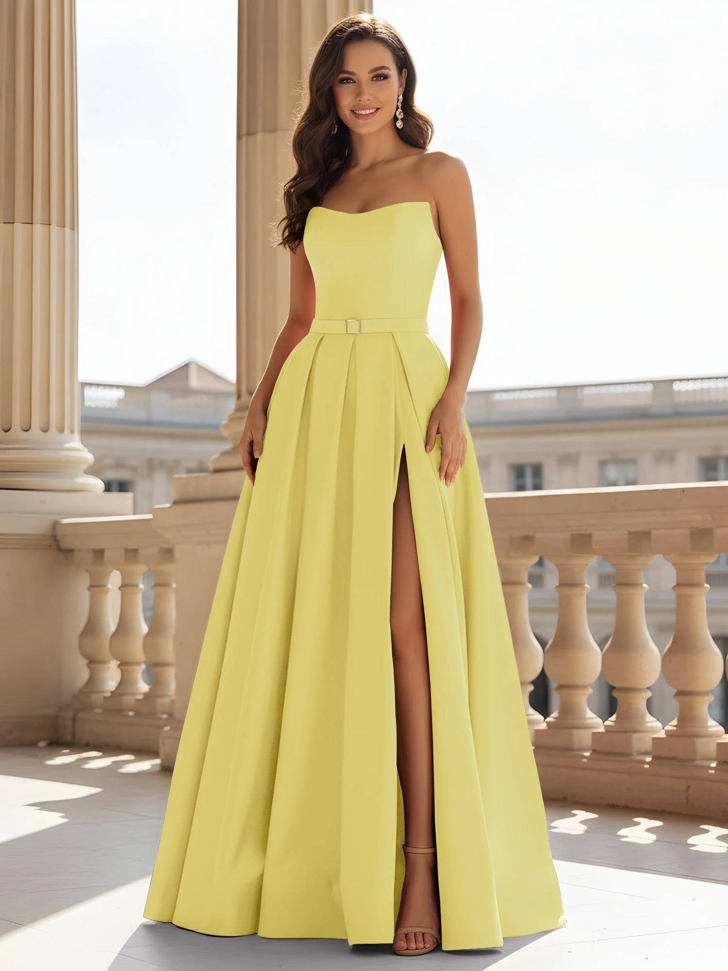 Trägerlos Strukturiert Satin Ballkleid mit Gürtel Detail Narzisse