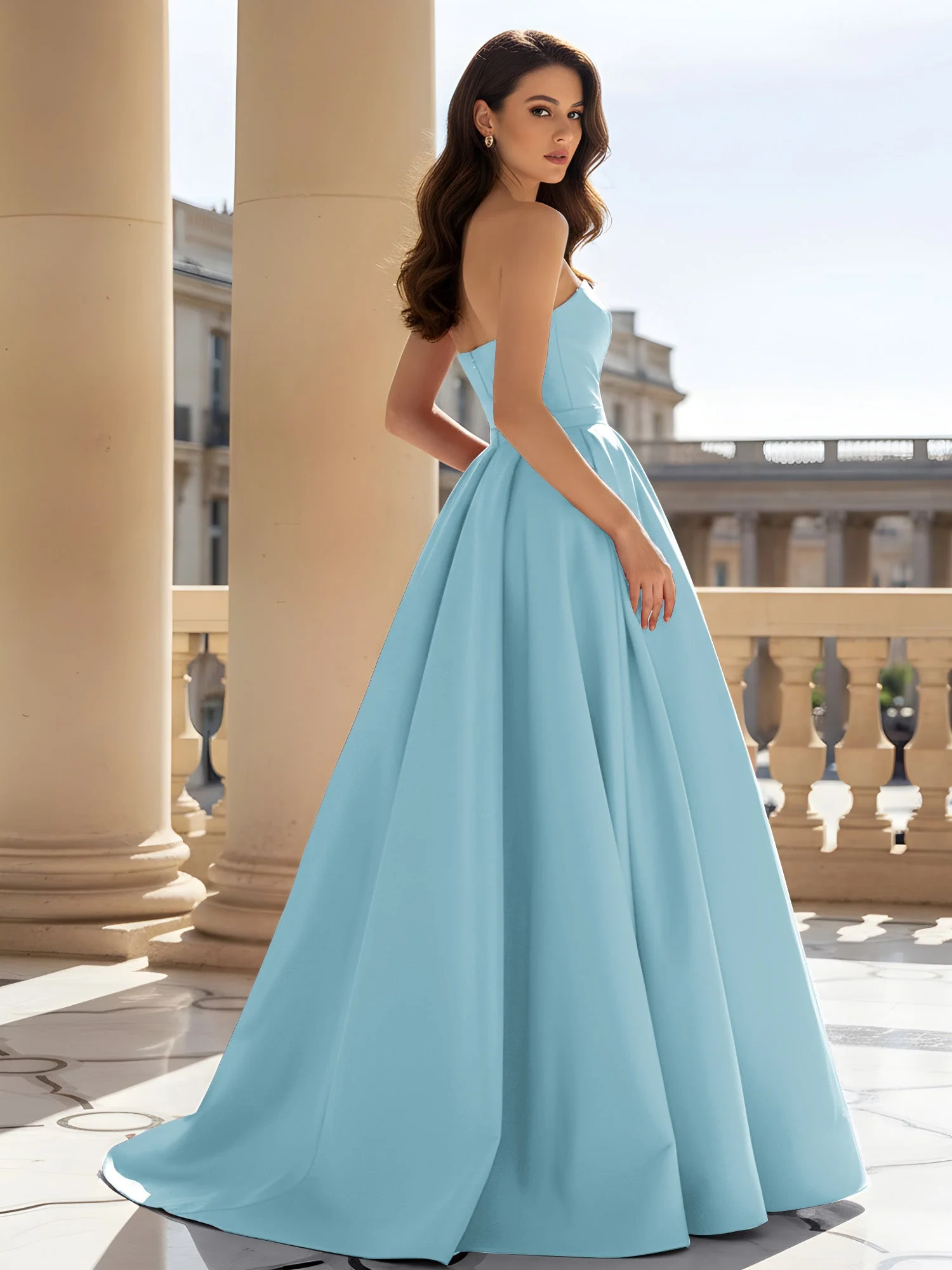 Trägerlos Strukturiert Satin Ballkleid mit Gürtel Detail Nebel - Image 2