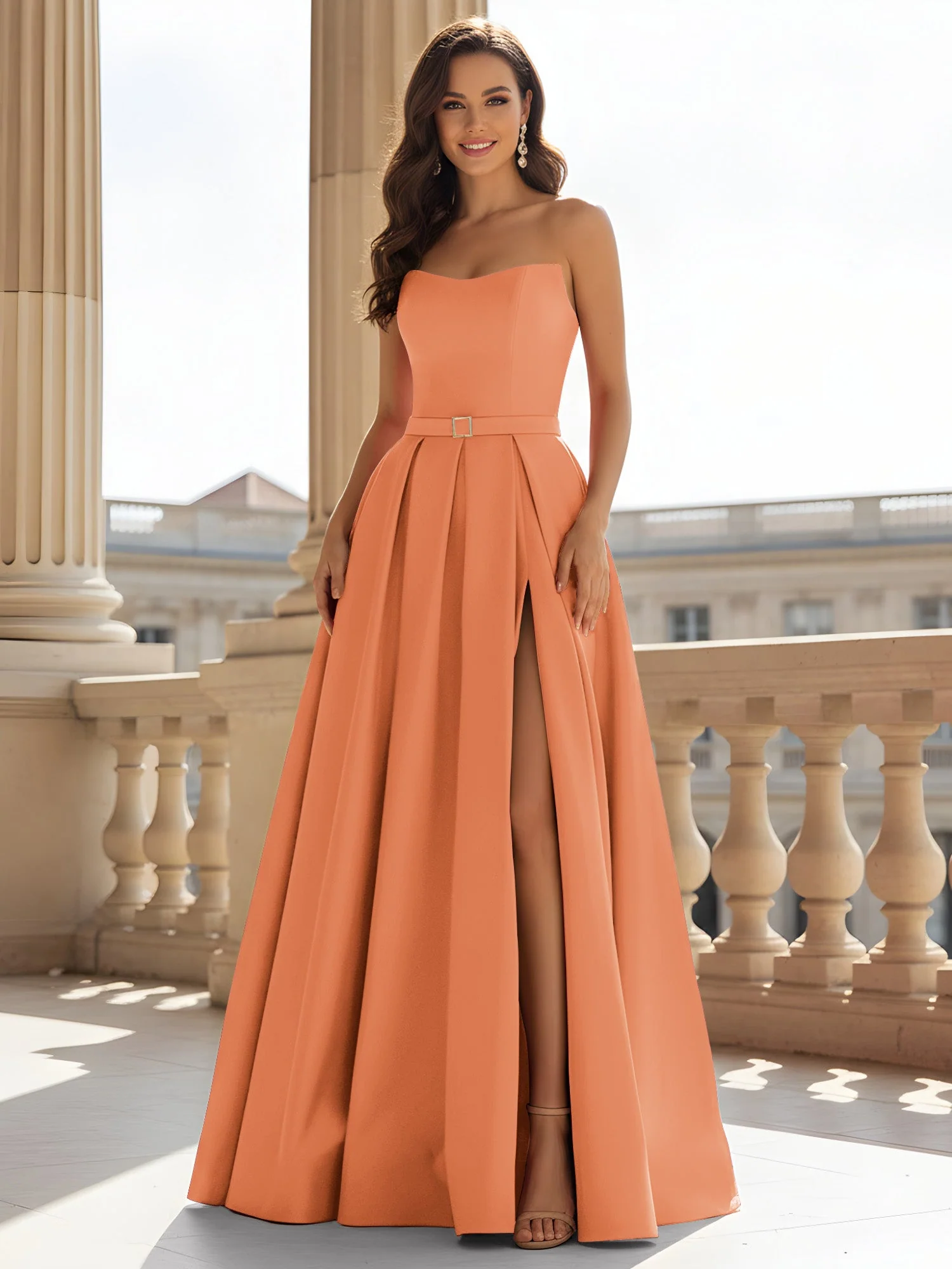 Trägerlos Strukturiert Satin Ballkleid mit Gürtel Detail Papaya