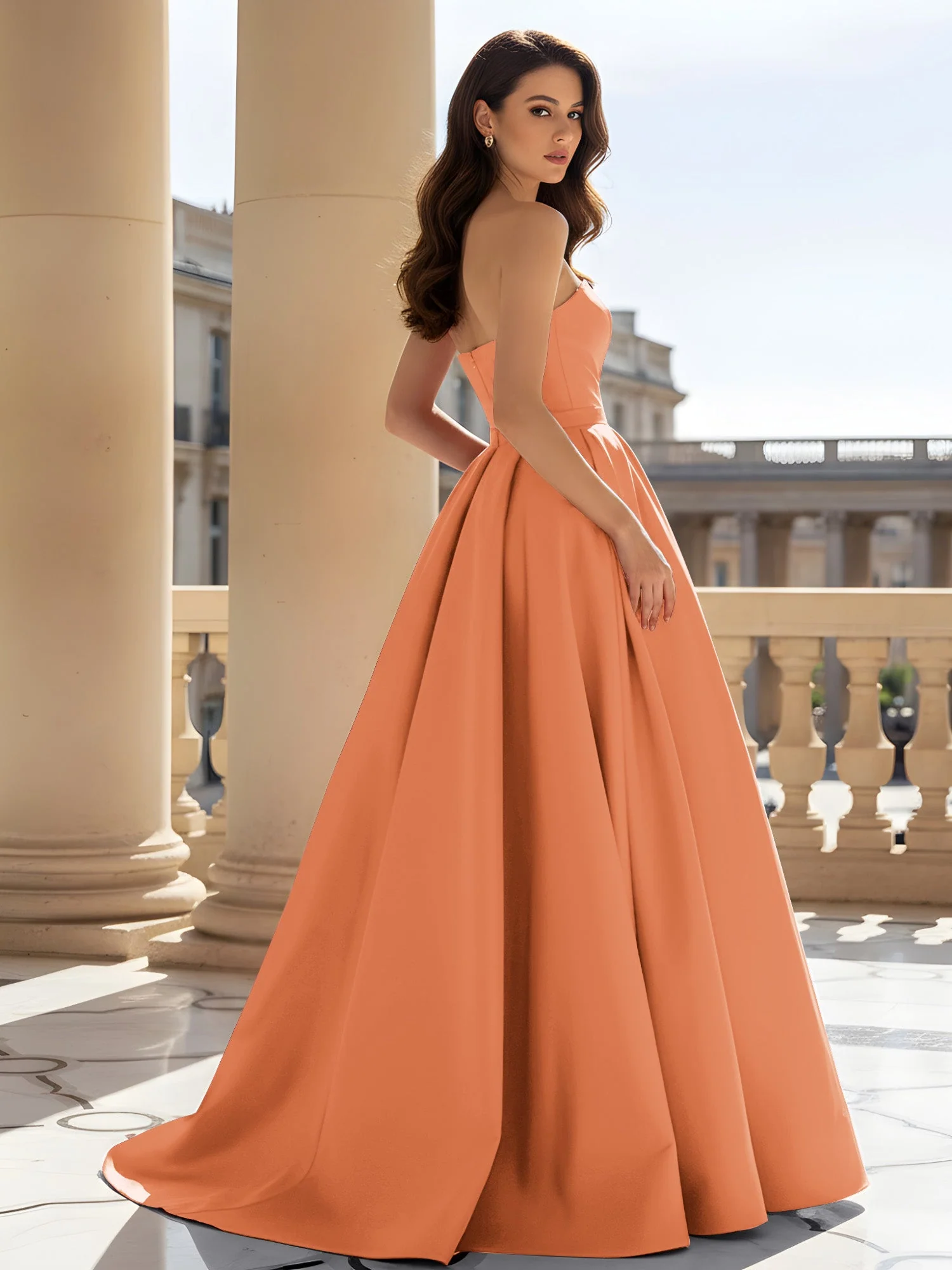 Trägerlos Strukturiert Satin Ballkleid mit Gürtel Detail Papaya - Image 2