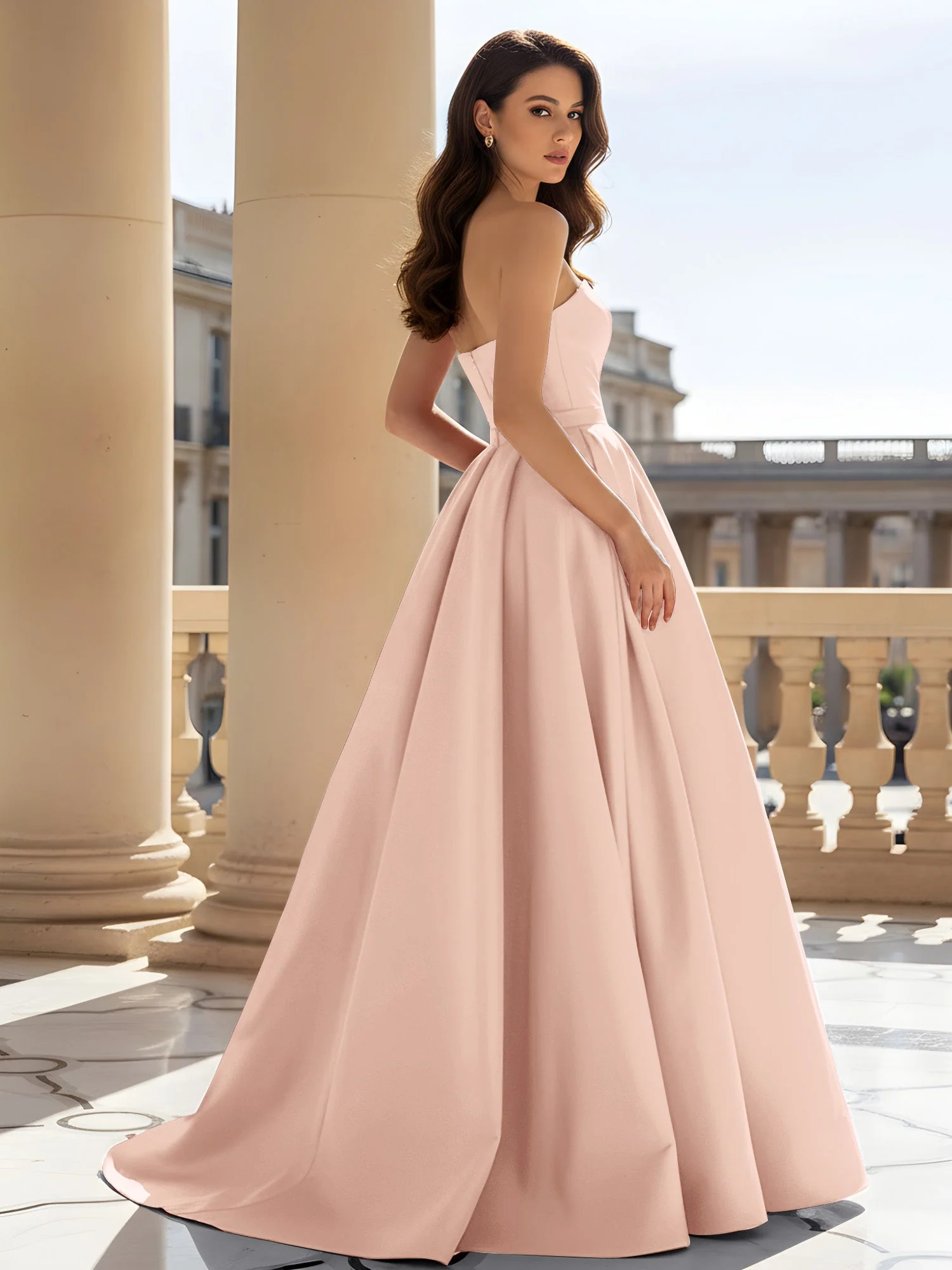 Trägerlos Strukturiert Satin Ballkleid mit Gürtel Detail Perlrosa - Image 2