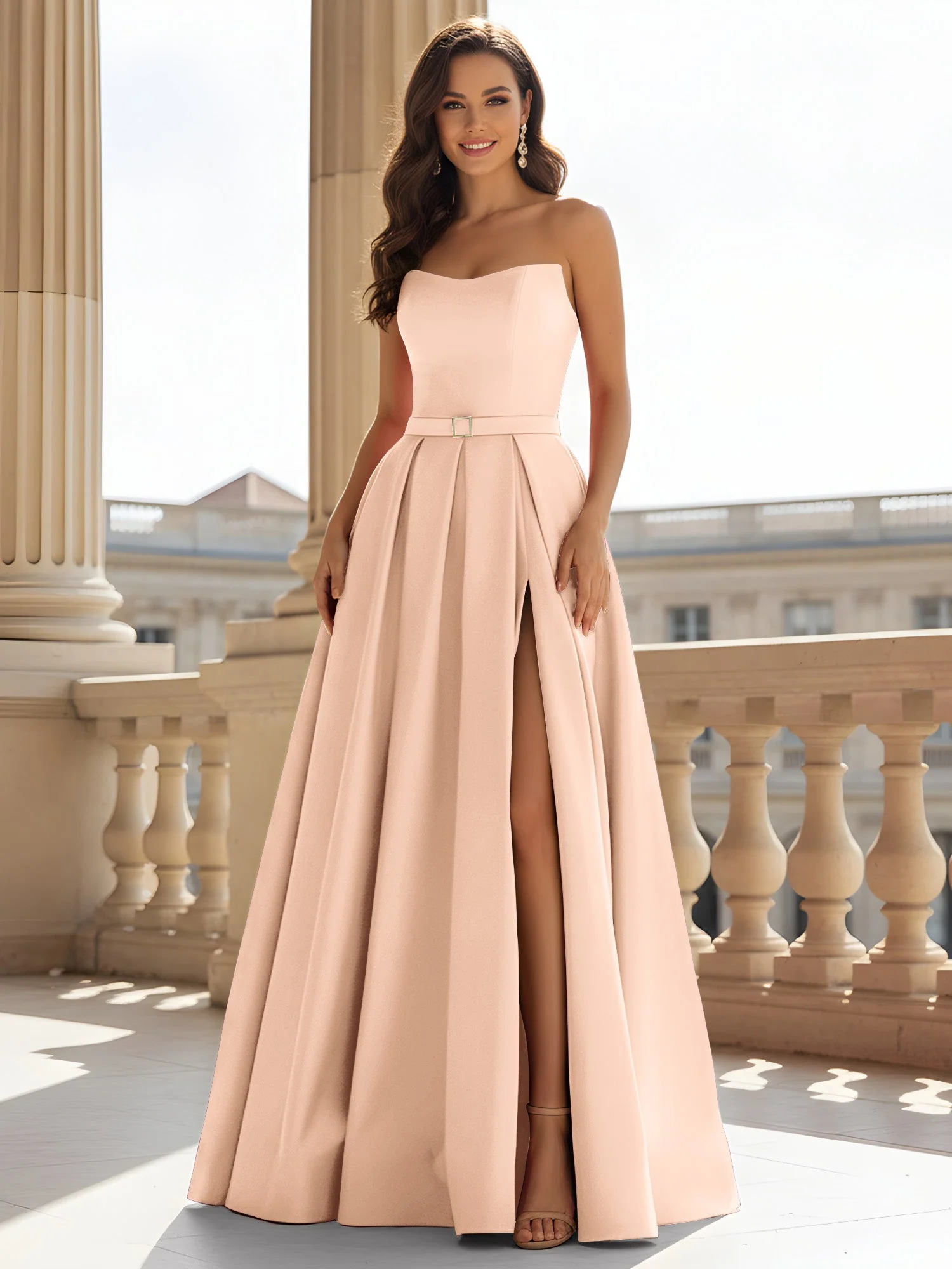 Trägerlos Strukturiert Satin Ballkleid mit Gürtel Detail Pfirsich